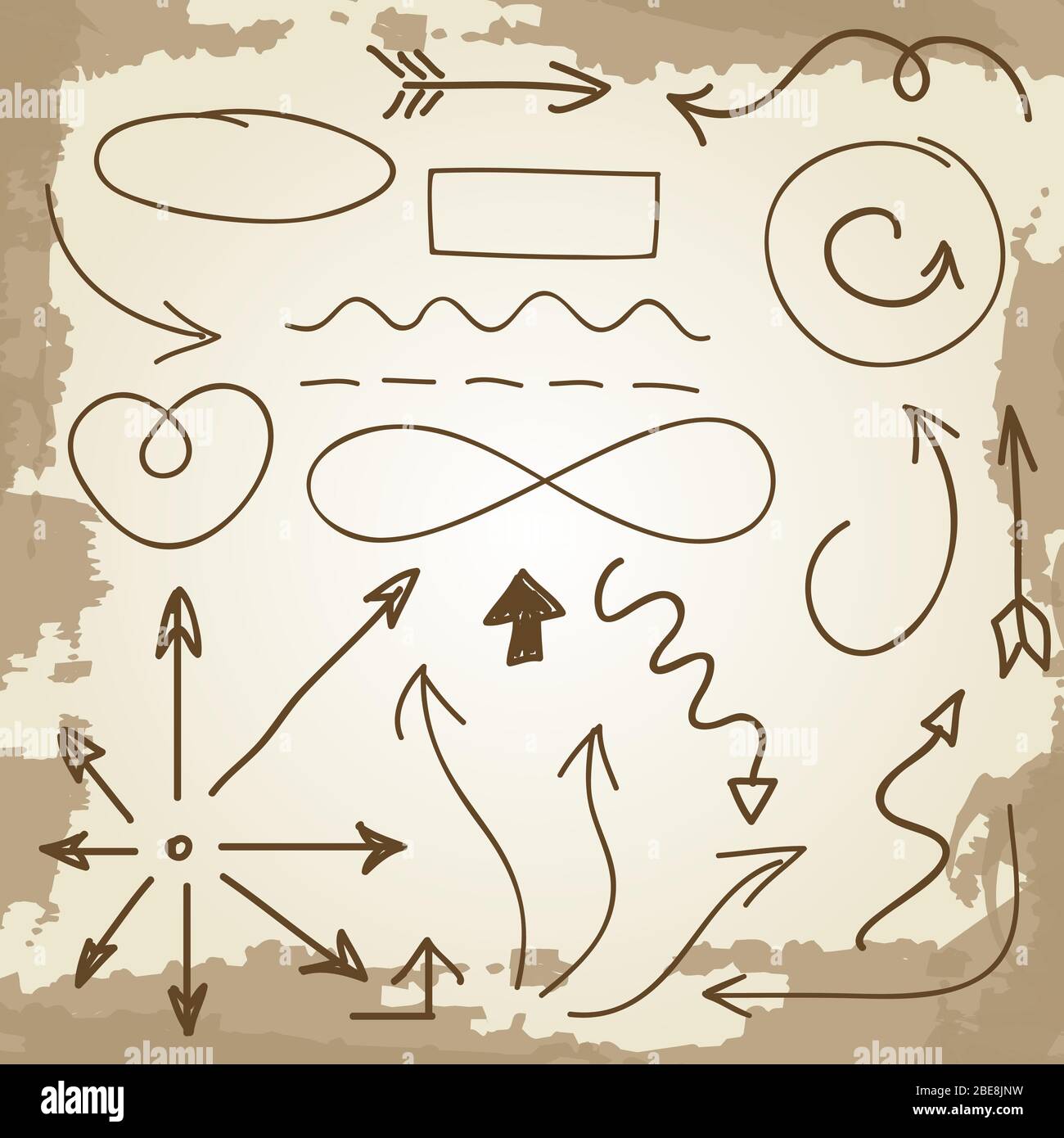 Doodle Pfeile und Symbole auf vintage Grunge Hintergrund. Vektorgrafik Stock Vektor