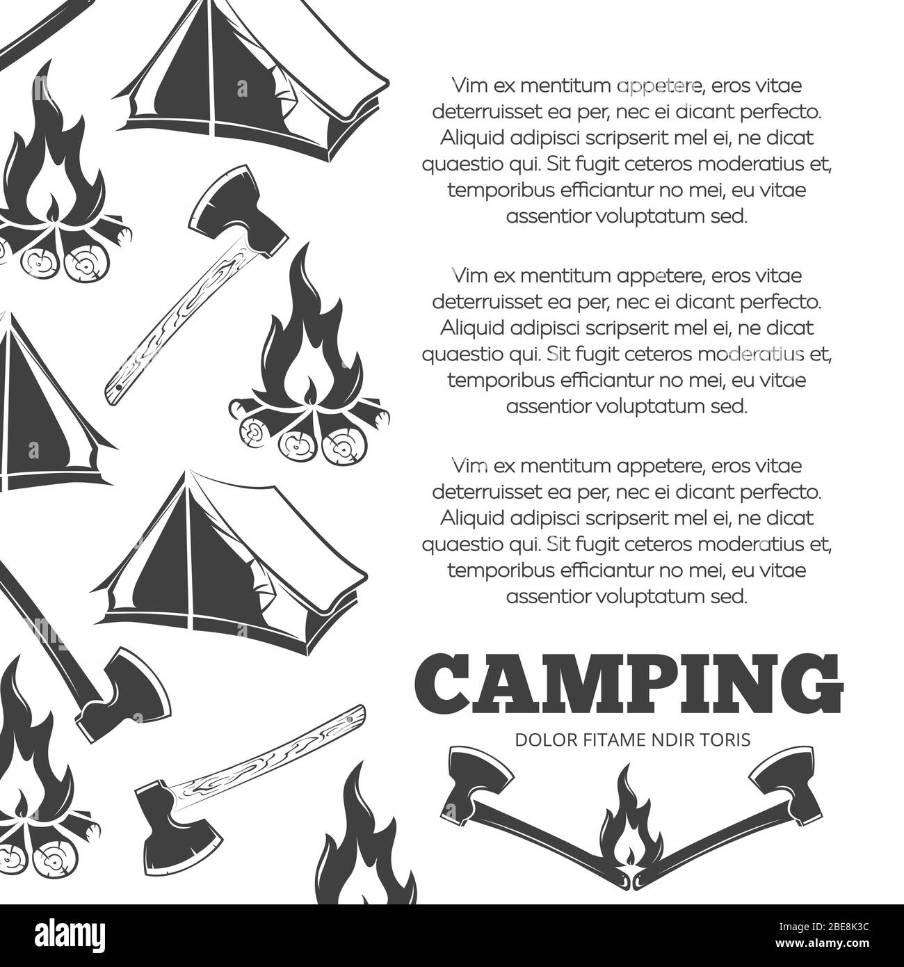 Campingplakat mit Feuer, Äxte, Zelt. Sommer Abenteuer Bannerdesign, Vektor-Illustration Stock Vektor