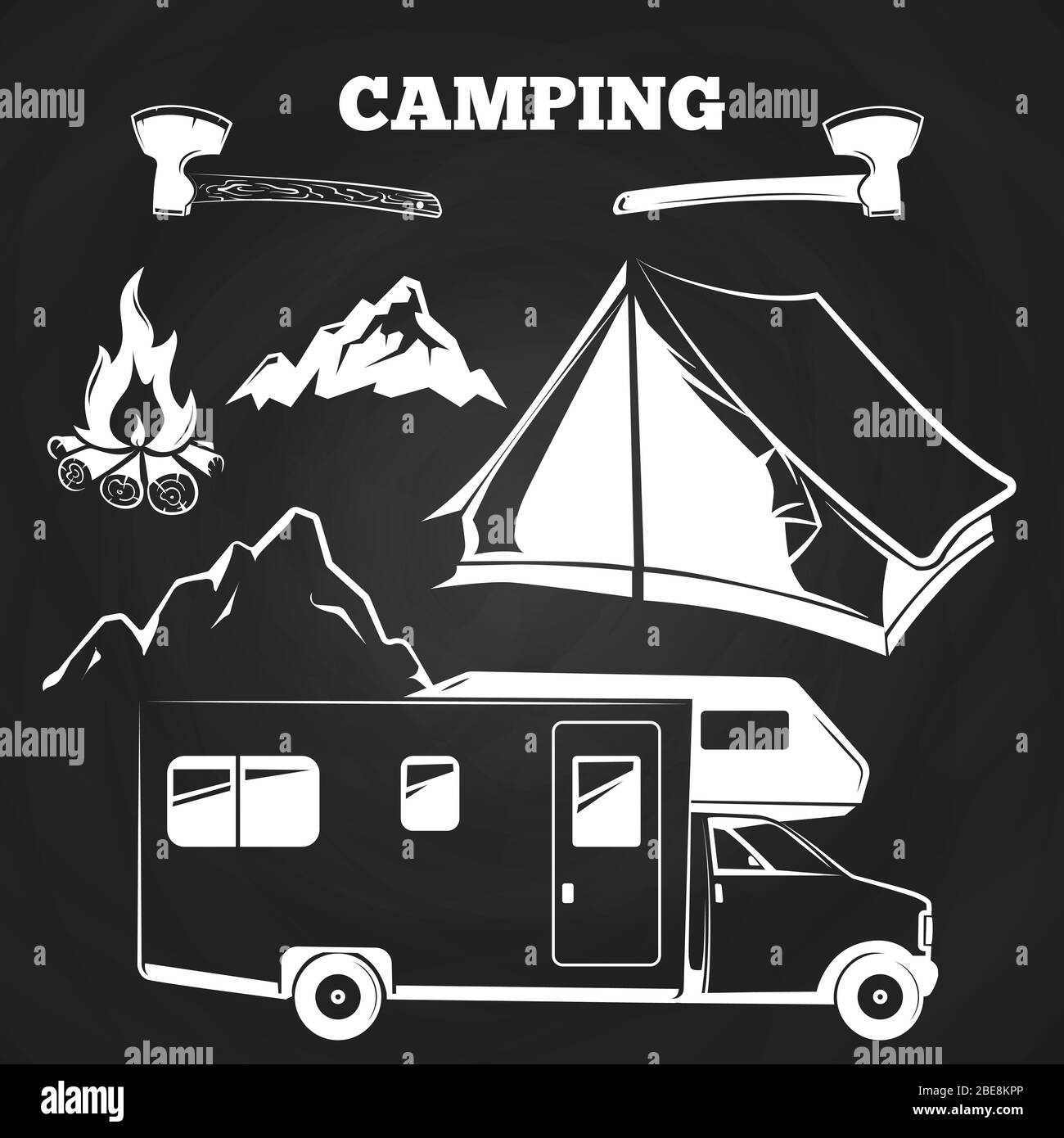 Camping oder Wandern Vintage-Elemente auf Kreidetafel. Vektor für die Illustration von Adventure Badge Stock Vektor