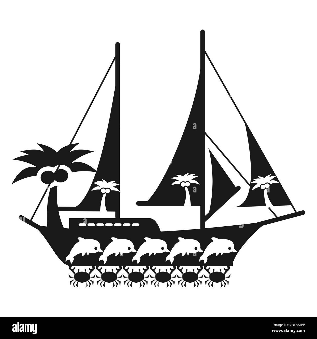 Schwarz-weißes Meer Reisekonzept mit Schiff, Krabben, Palmen und Delfinen. Vektorgrafik Stock Vektor