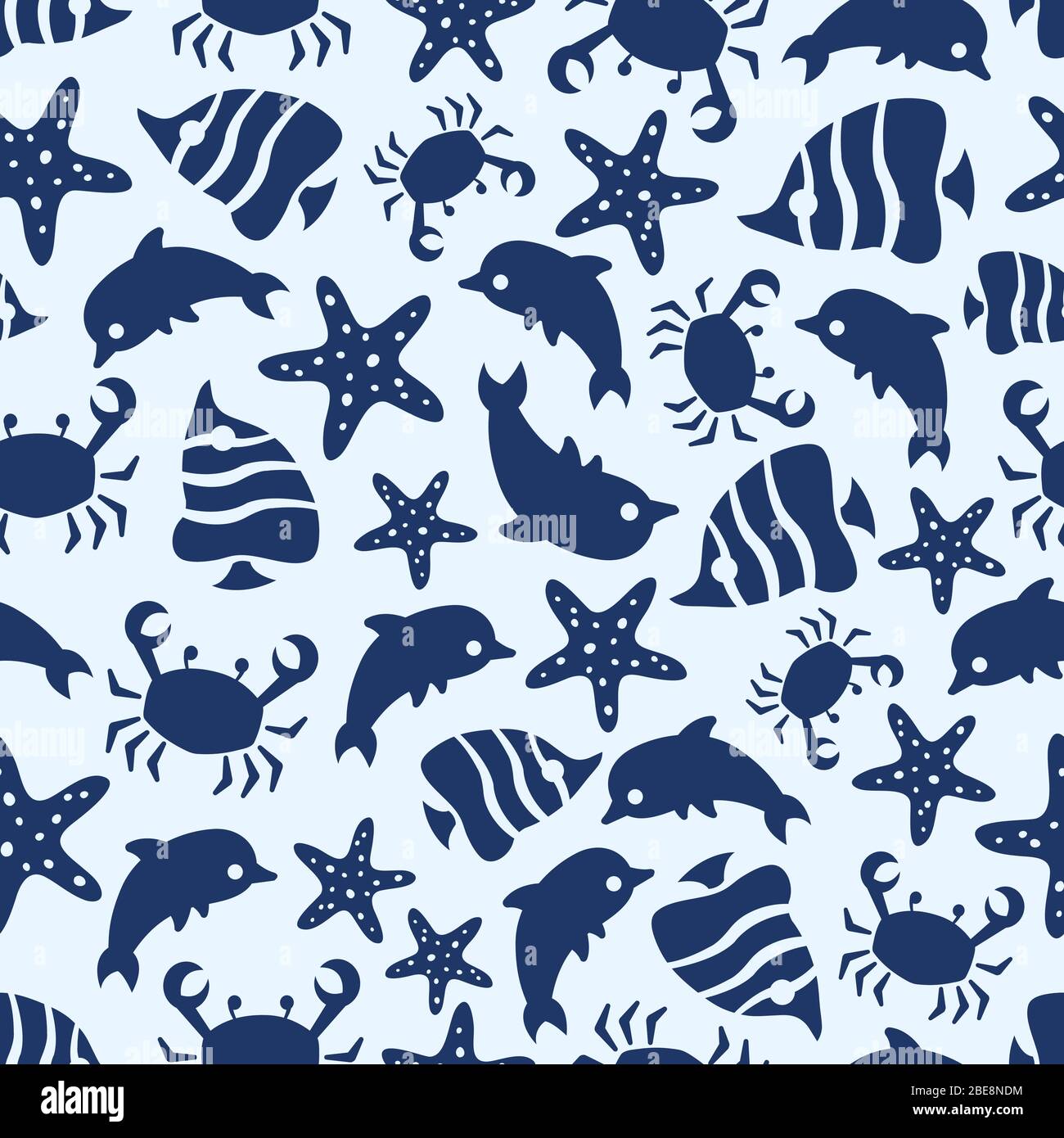 Sealife Nahtloses Muster mit Fischen, Seesternen, Krabben und Delfinen. Hintergrund nahtlose Muster Seestern und Seesterne. Vektorgrafik Stock Vektor