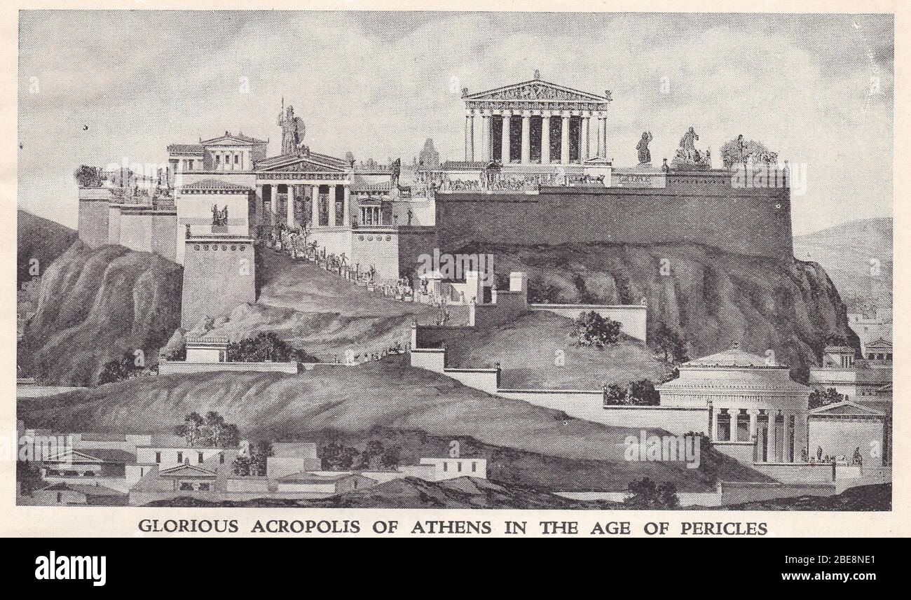 Illustration / Zeichnung der glorreichen Akropolis von Athen im Zeitalter von Perikles. Stockfoto