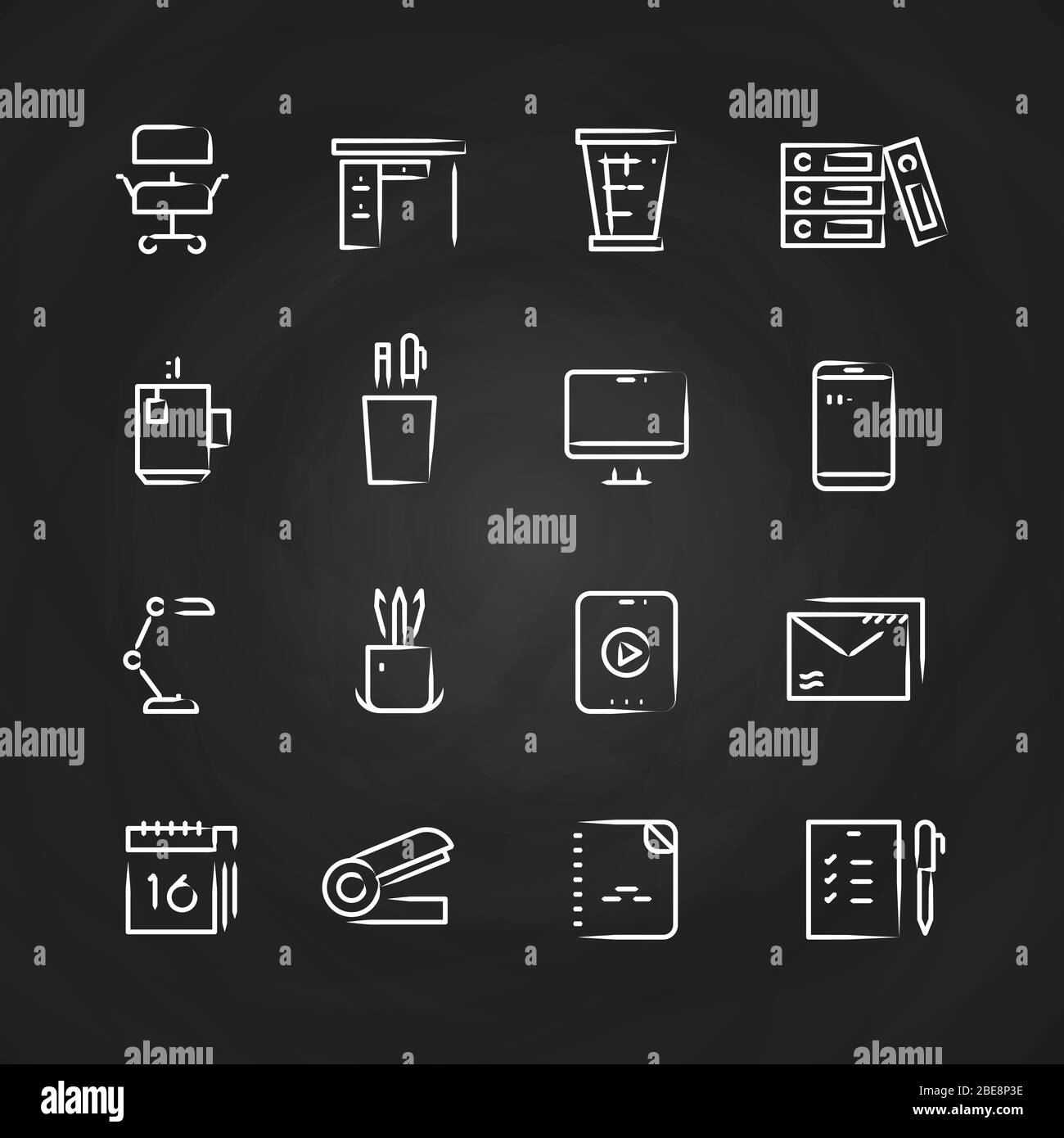 Handgezeichnete Bürosymbole auf der Tafel. Office Business Doodle, Vektorgrafik Stock Vektor