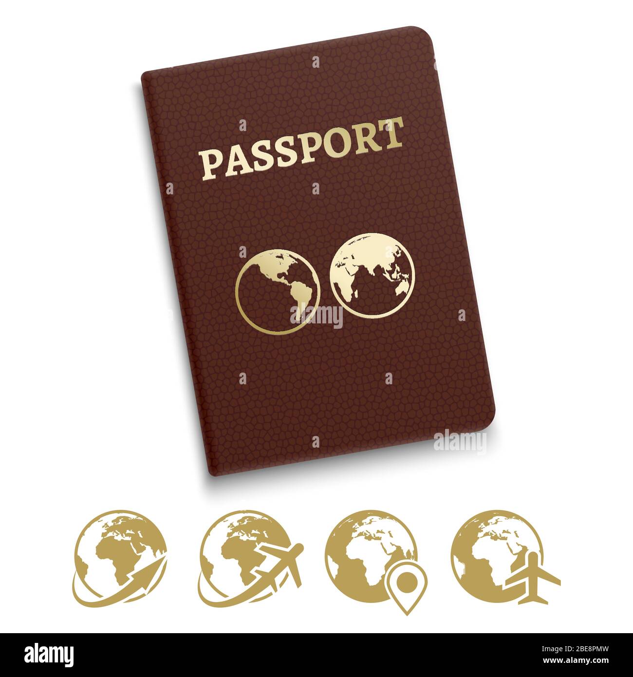 Rote Abdeckung für Reisepass und Reise- und Navigationssymbole. Vektorgrafik Stock Vektor