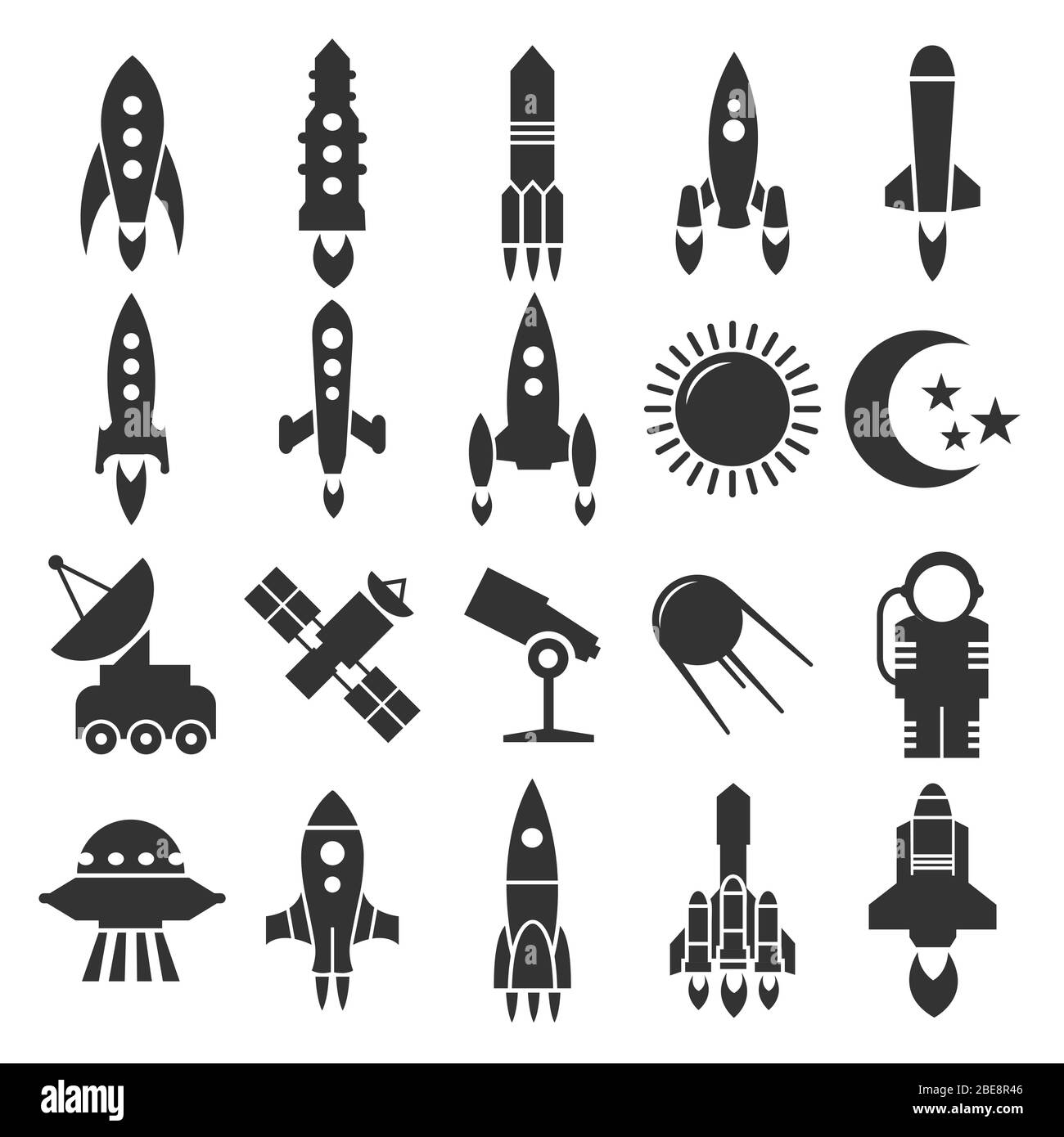 Rakete und Raumschiff, Astronomie-Ikonen Design. Raumschiff und Satellit, Vektorgrafik Stock Vektor