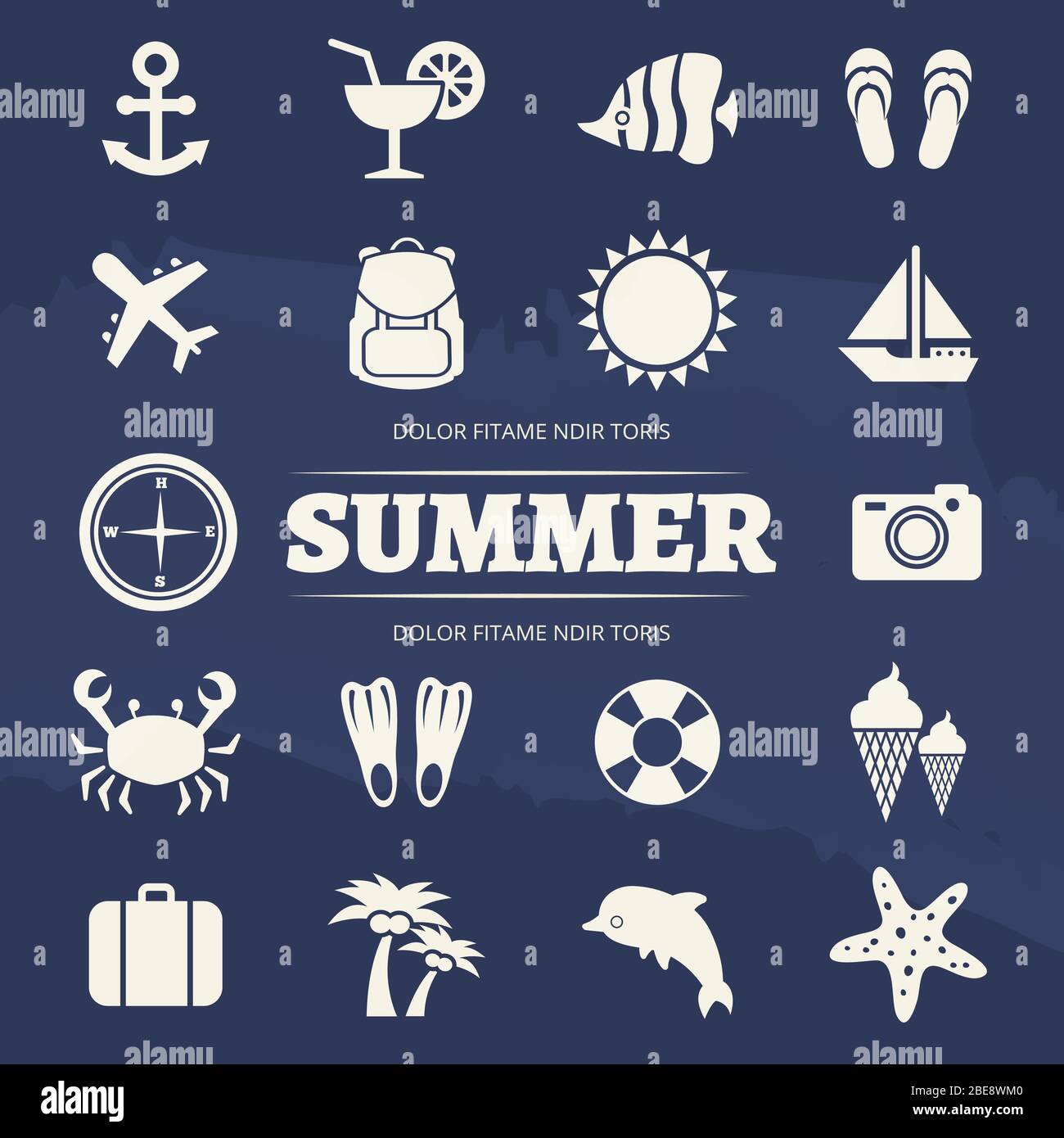 Sommer Urlaub Icons Set - Reise Abenteuer Symbol. Sommer Reise Ikone Anker und Sonne, Cocktail und Freizeit, Vektor-Illustration Stock Vektor