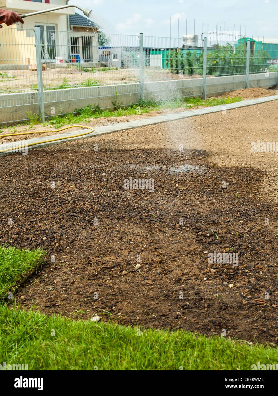 Gartenarbeit - Aufbereiten und Bewässern von Sod für den neuen Rasen Stockfoto