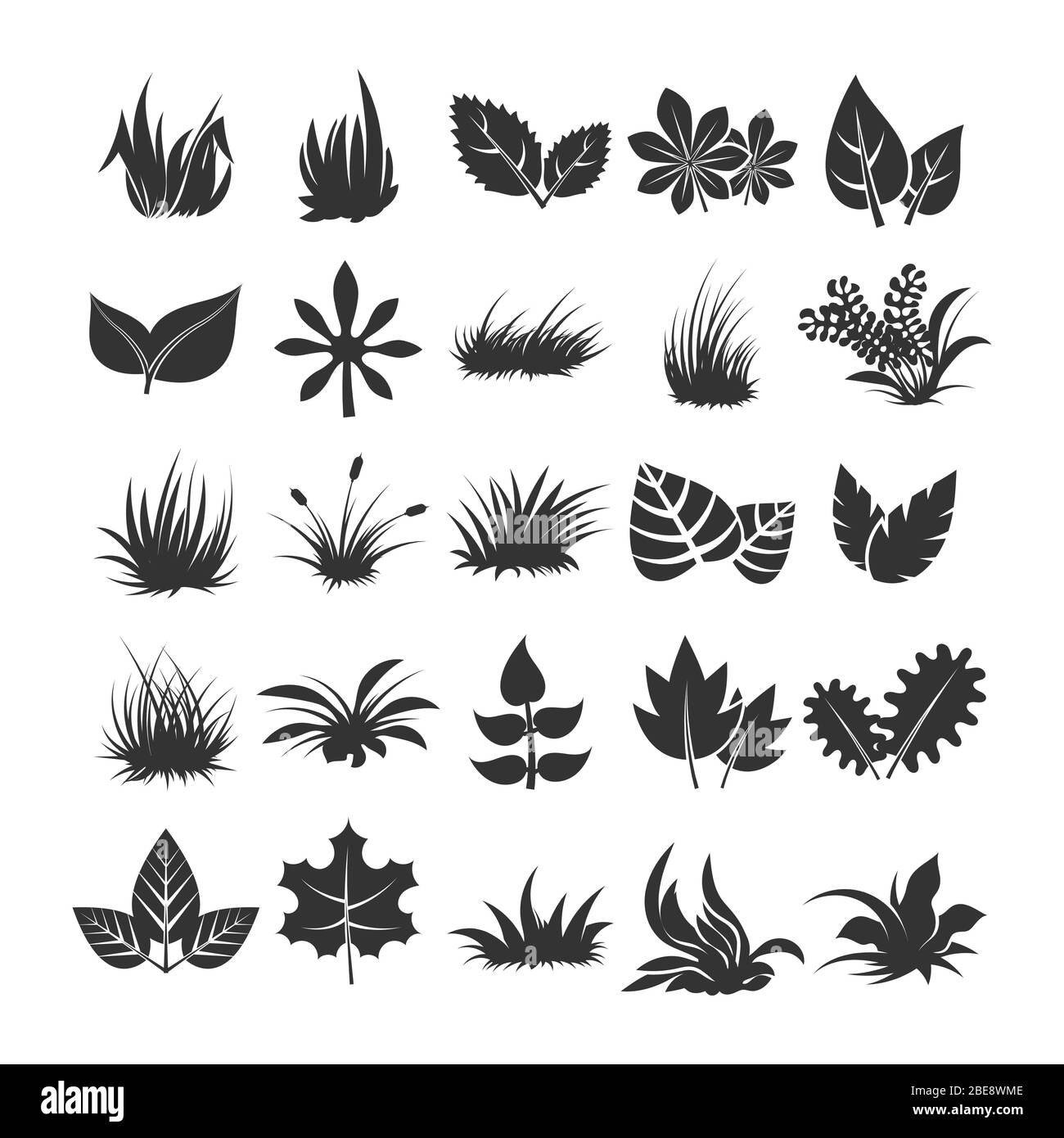 Blätter und Gras Silhouetten auf weißem Hintergrund. Schwarze Blatt Pflanze monochrom, Vektor-Illustration Stock Vektor