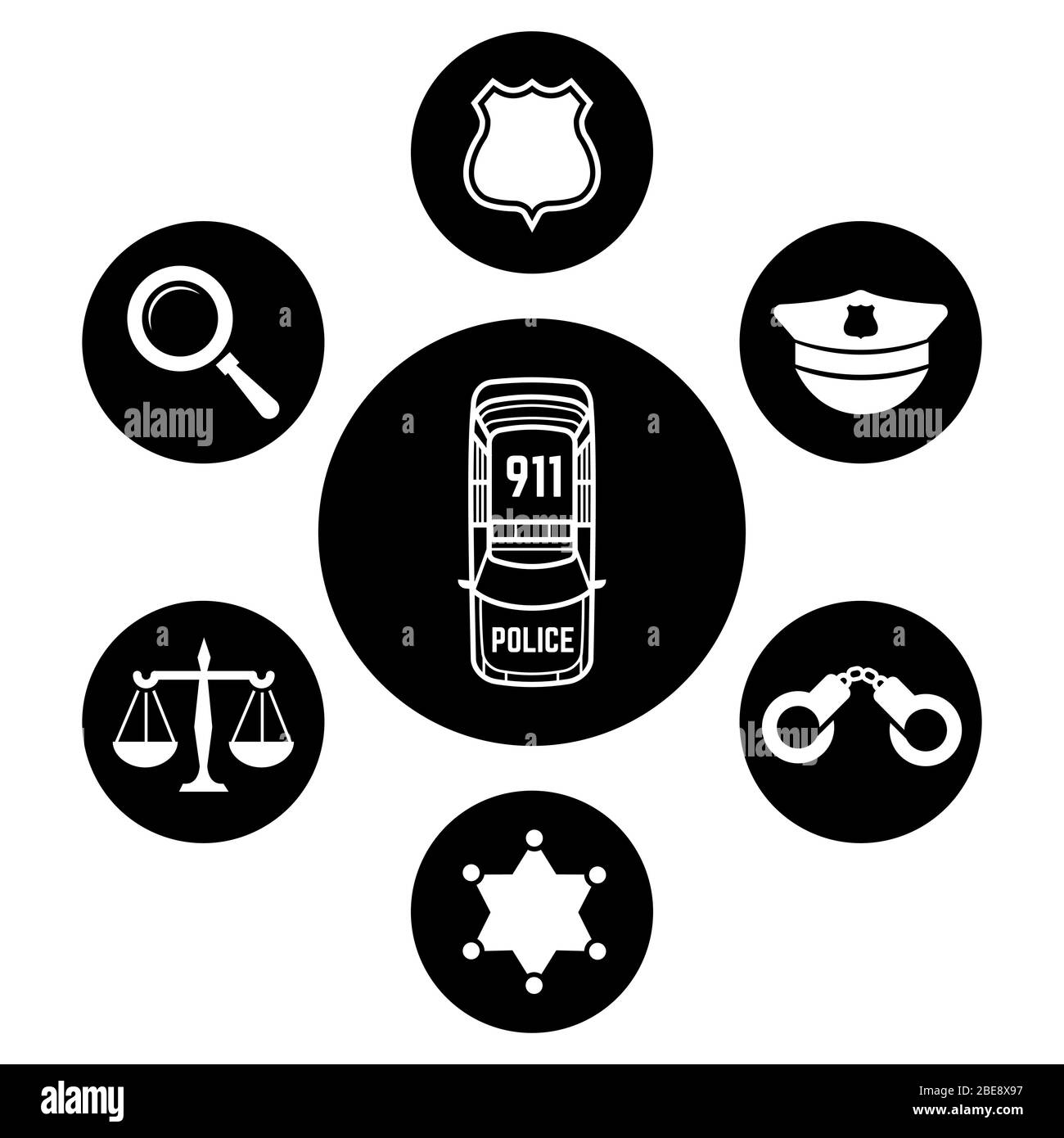 Polizei-Konzept mit Auto und Zubehör-Icons. Vektor flache Abbildung Stock Vektor