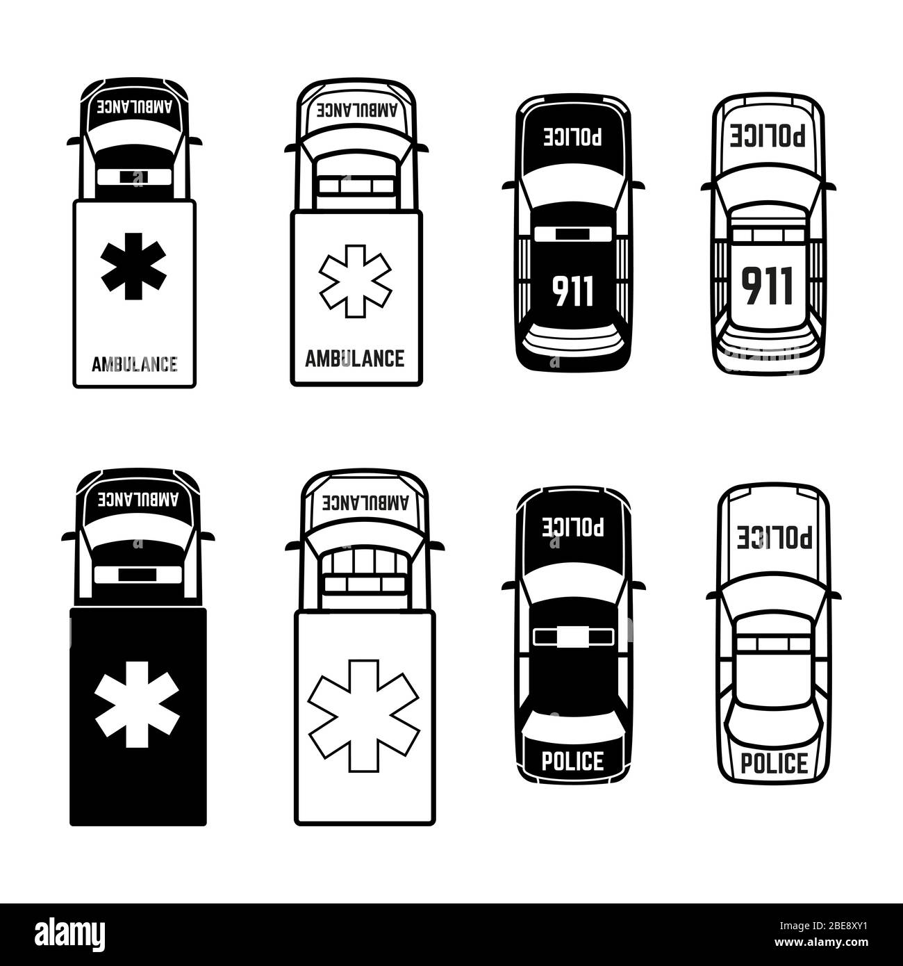 Krankenwagen und Polizeiautos Symbole auf weißem Hintergrund. Vektorgrafik Stock Vektor