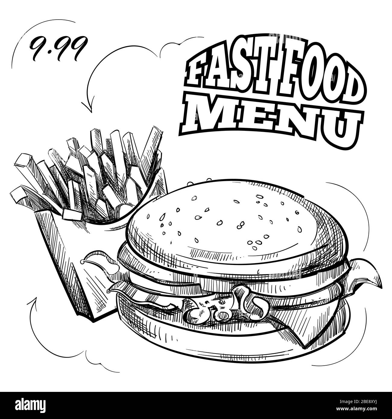 Fast Food-Menü mit handgezogenen Hamburger und Kartoffeln Chips auf weiß isoliert. Vektorgrafik Stock Vektor
