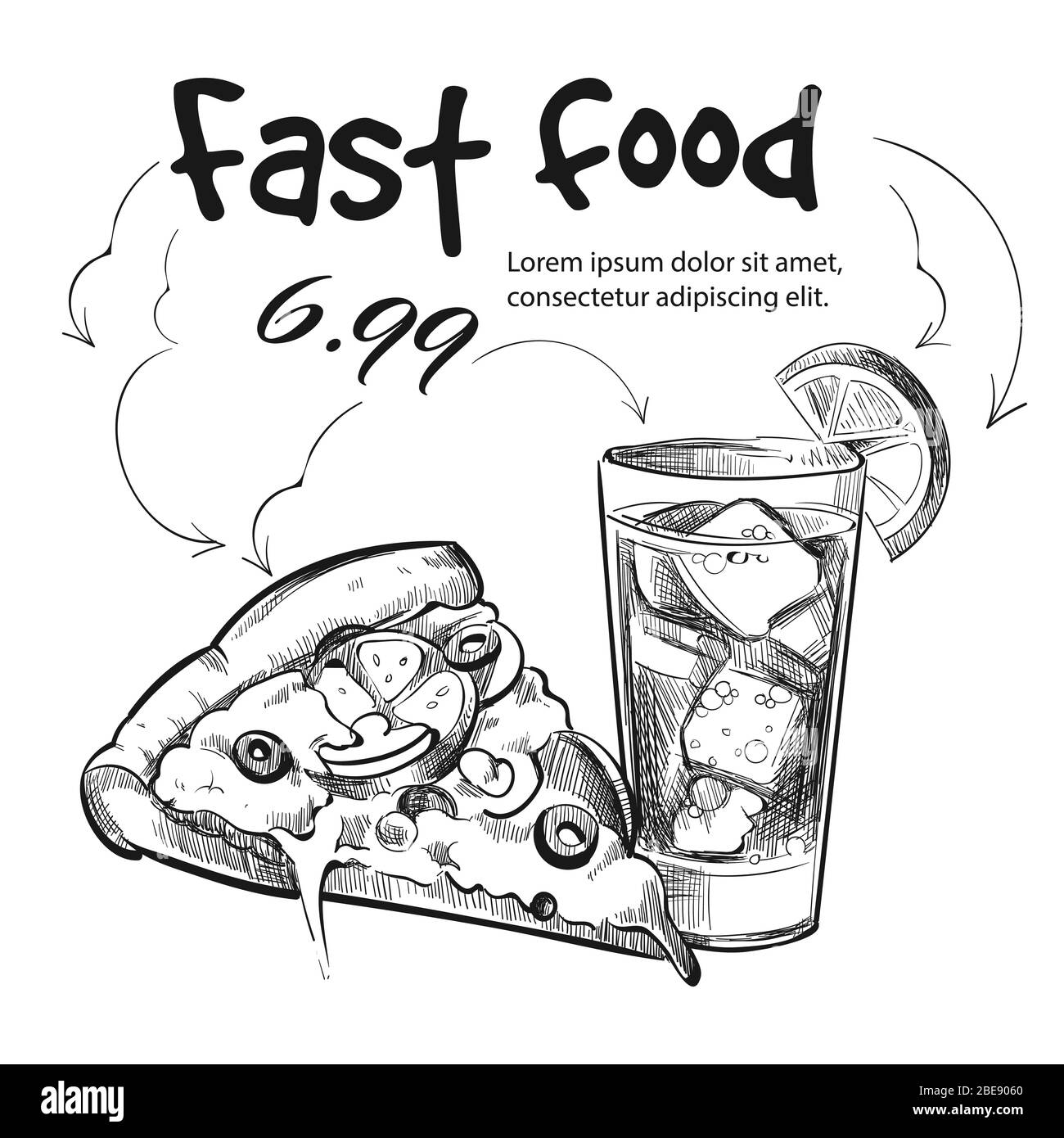 Fast Food Snack Kit isoliert auf weiß - Hand gezeichnete Pizza und kaltes Getränk. Vektorgrafik Stock Vektor