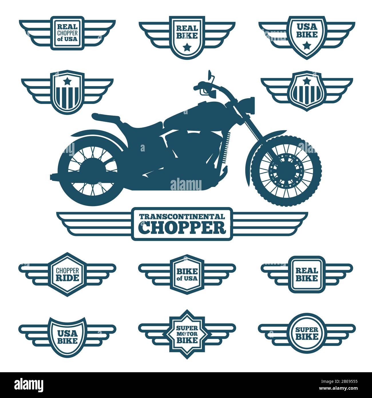 Sport Motorrad Silhouette und Vintage Flügel Etiketten. Biker fahren Retro geflügelte Logos Vektor-Set. Motorrad-Emblem mit Flügeln Abbildung Stock Vektor