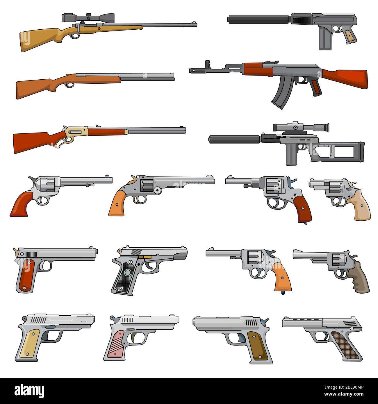 Verschiedene Gewehr, Gewehre und Pistolen Cartoon Vektor Waffen Symbole. Sammlung von Pistole und Pistole, Schrotflinte und Pistole Illustration Stock Vektor