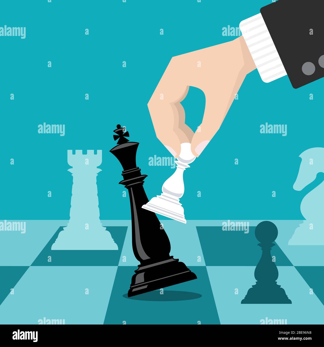 Business Schachmatt Strategie Vektor-Konzept mit Hand hält Schachspieler klopfen König. Abbildung der Metapher „Business Strategy Win“ Stock Vektor
