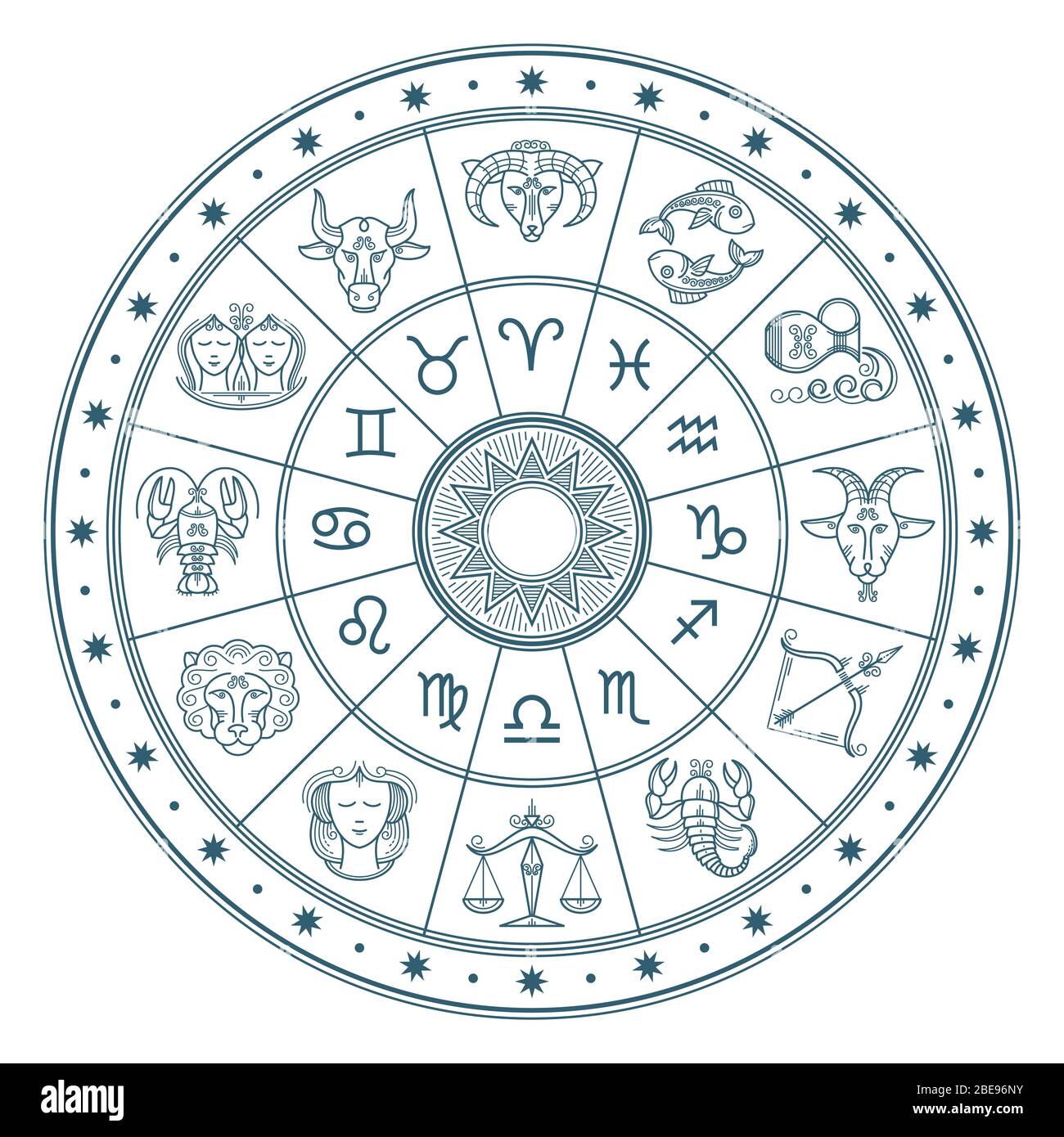 Astrologie Horoskop Kreis mit Tierkreiszeichen Vektor Hintergrund. Form Symbol Horoskop Kalender, Sammlung zodiakalen Tiere Illustration Stock Vektor