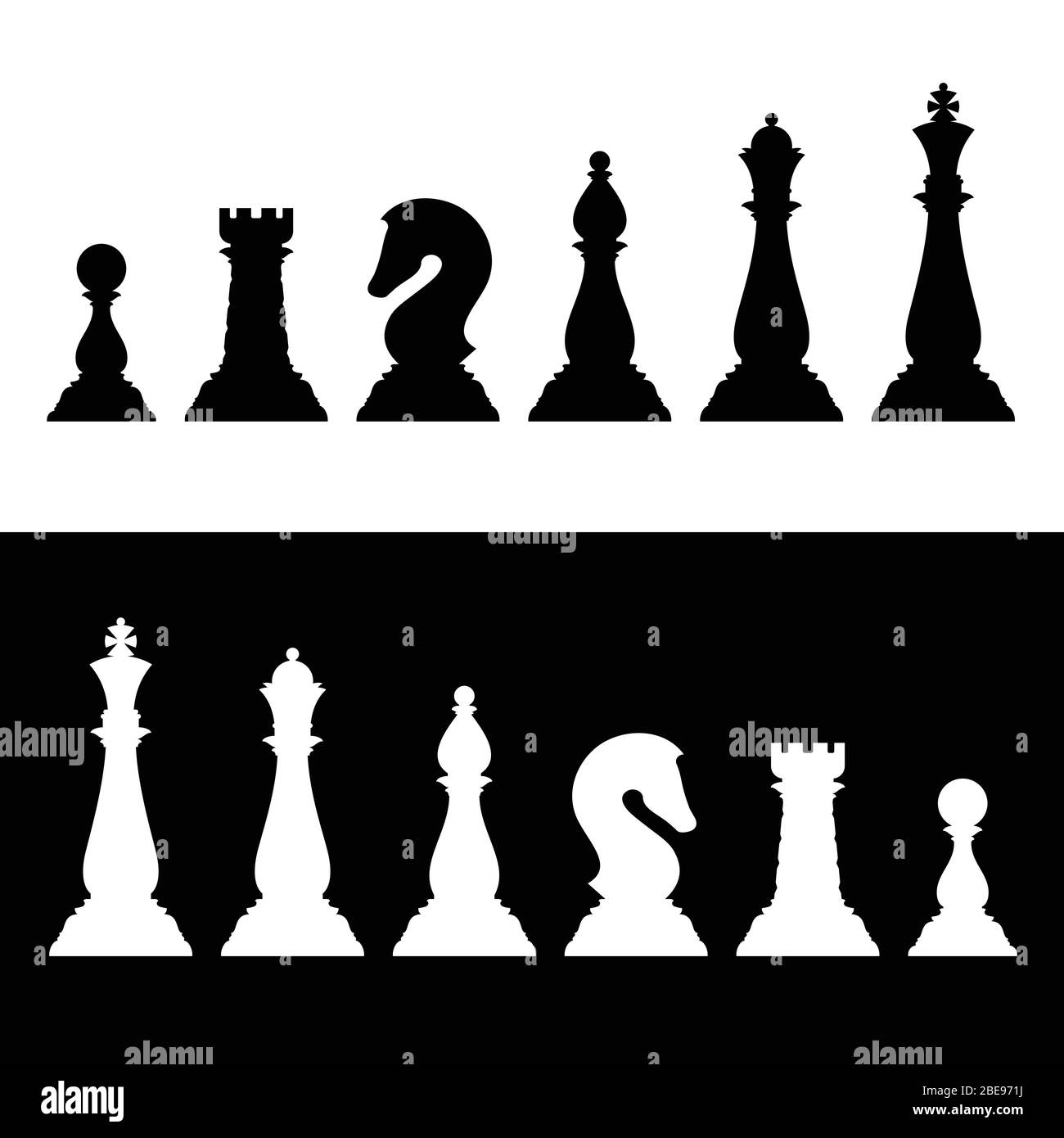 Schachfiguren schwarze Silhouetten gesetzt. Business-Strategie Vektor-Symbole König und Königin, Ritter und Bischof, Rook und Bauer Illustration Stock Vektor