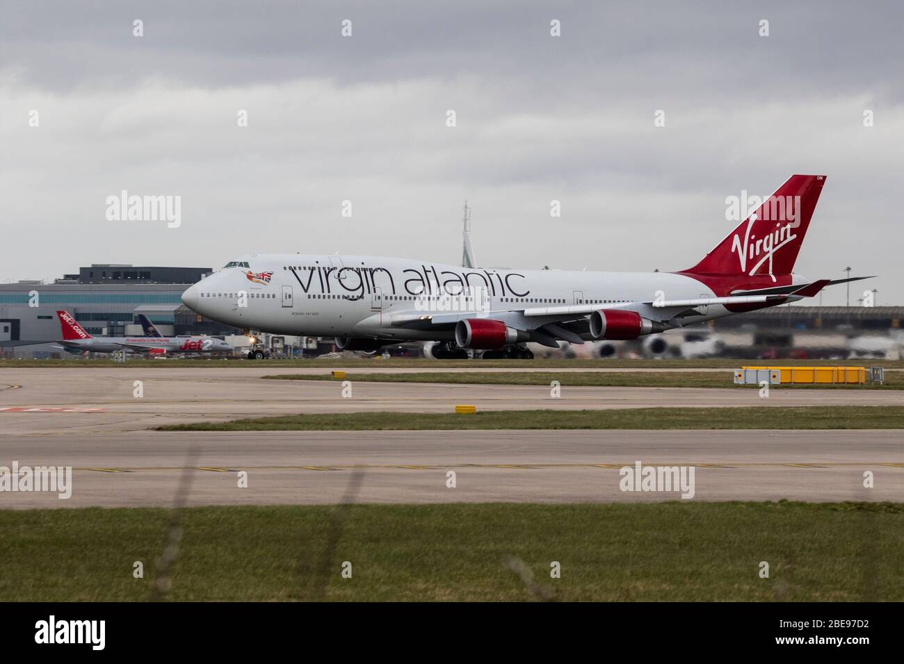 Virgin Atlantic 747 Abheben von Manchester Stockfoto