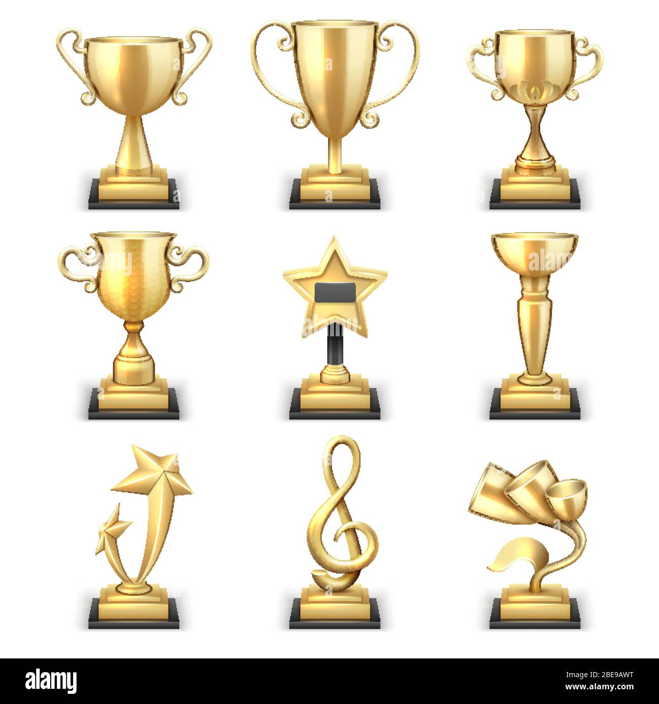 Realistische goldene Trophäe Tassen und Sport Auszeichnungen Vektor-Set. Triumph Sport Award und Preis, Gewinner Trophäe Gold Cup Illustration Stock Vektor