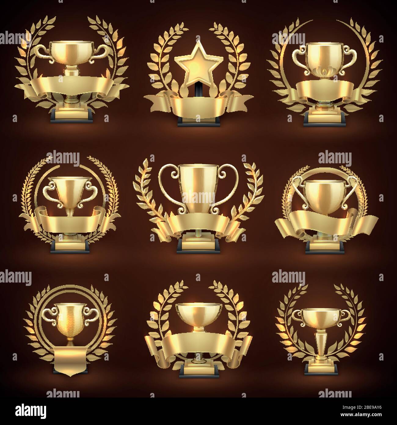 Goldene Siegerpokale, Preissportpreise mit goldenen Kränzen und Bändern. Emblem Meisterschaft und Führung Kollektion. Vektorgrafik Stock Vektor