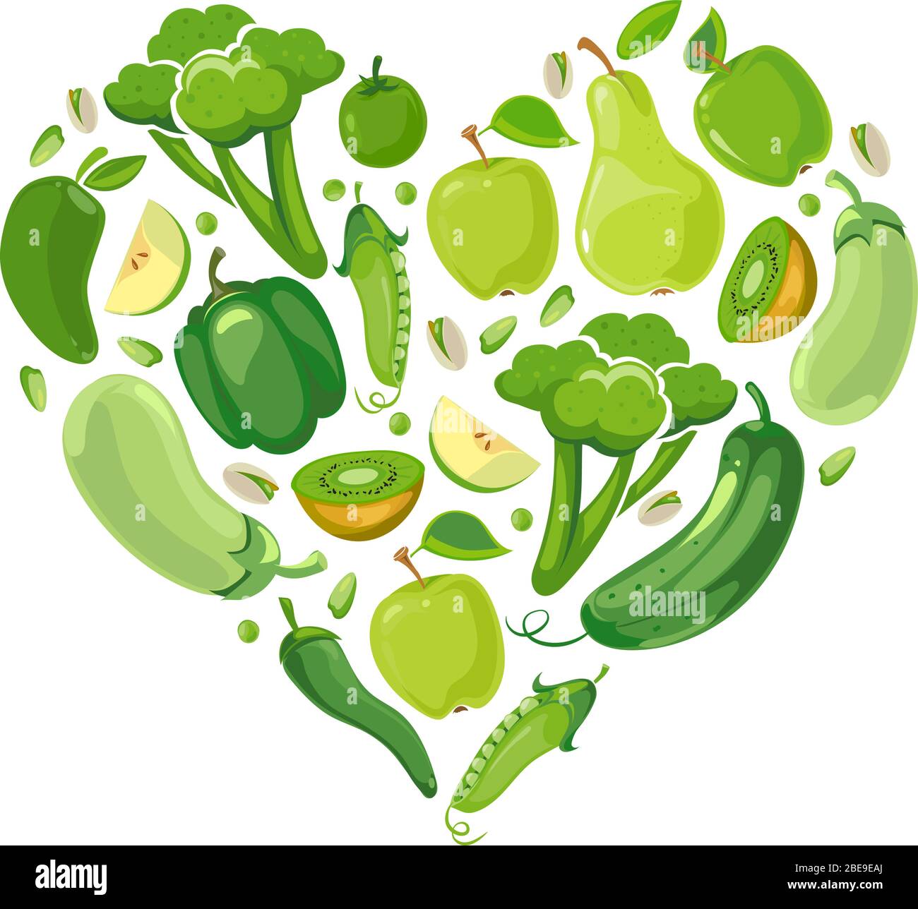 Herz mit grünen Pflanzen und Früchten. Grüne rohe Bio-Lebensmittel in Form Herz. Vektorgrafik Stock Vektor