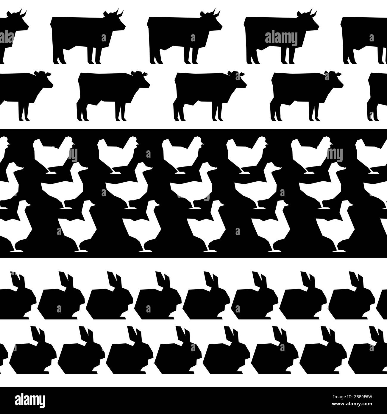 Tiere auf dem Bauernhof Silhouetten nahtlose Grenzen. Schwarz-weiße Silhouette Bauernhof Tier. Vektorgrafik Stock Vektor