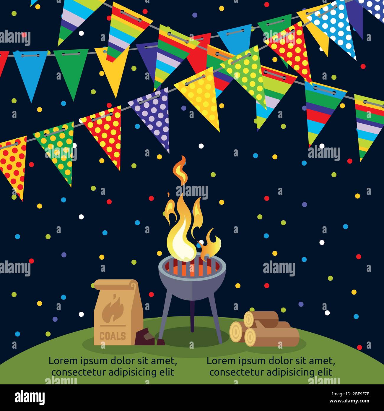 Party- oder BBQ-Poster mit bunten Fahnen. BBQ Grill Party, Kochen Steak Fleisch, Vektor-Illustration Stock Vektor