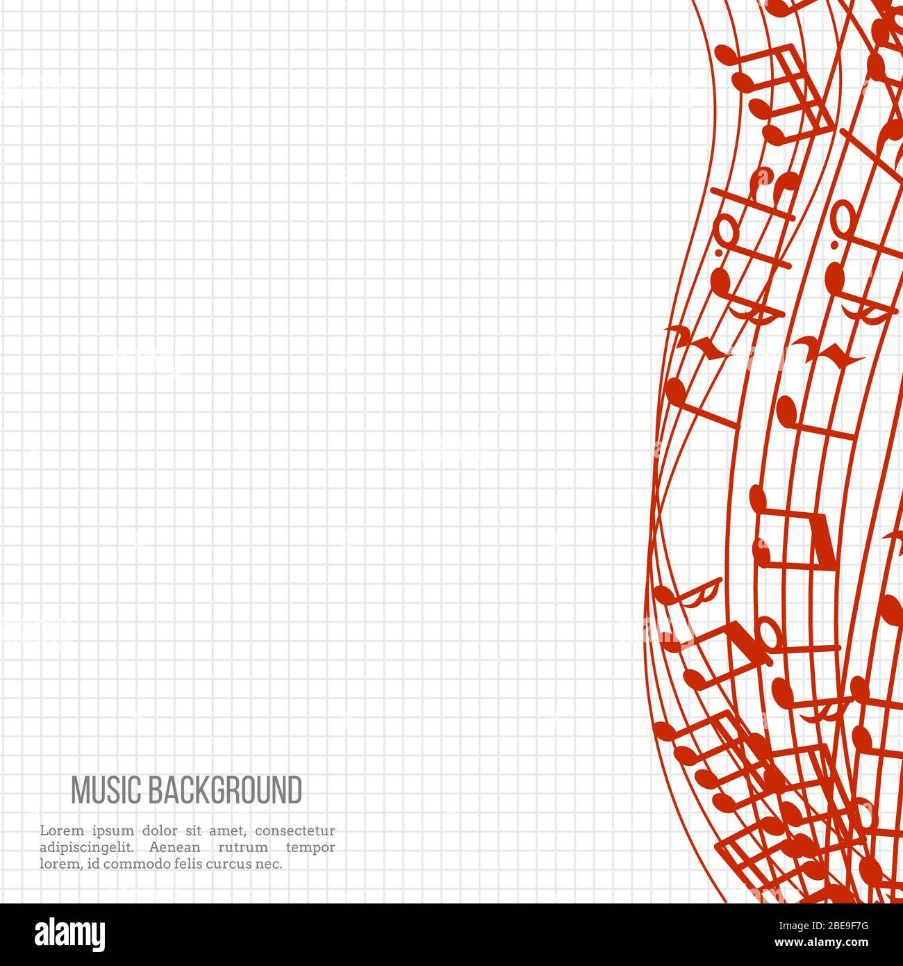 Notebook-Musikhintergrund mit roten Noten und Wellen. Vektorgrafik Stock Vektor