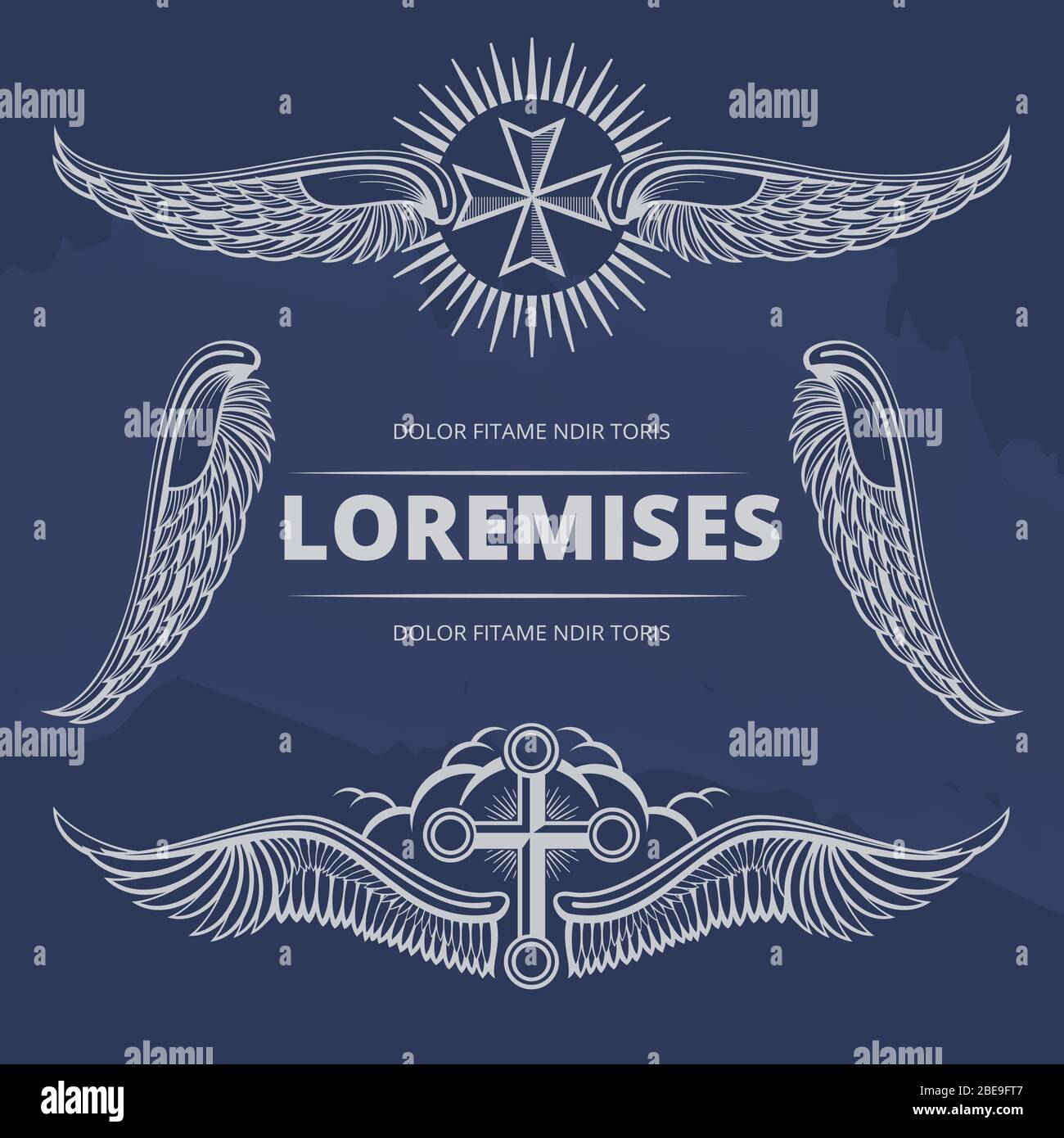 Vintage Kreuz und Flügel auf blauer Kulisse. Satz Flügel, Vektorgrafik Stock Vektor