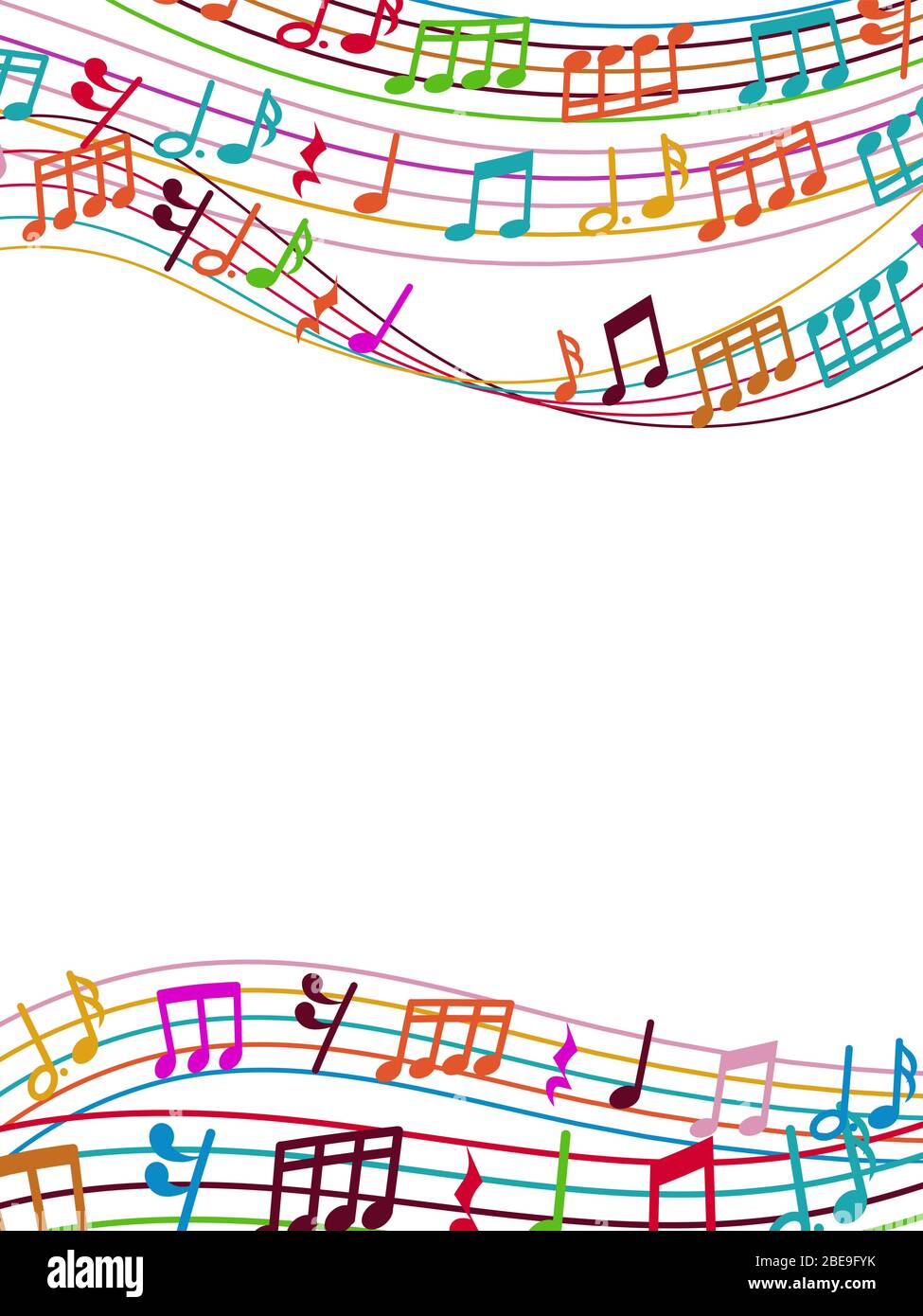 Musikalischer Hintergrund mit bunten Musiknoten und Wellen. Vektorgrafik Stock Vektor