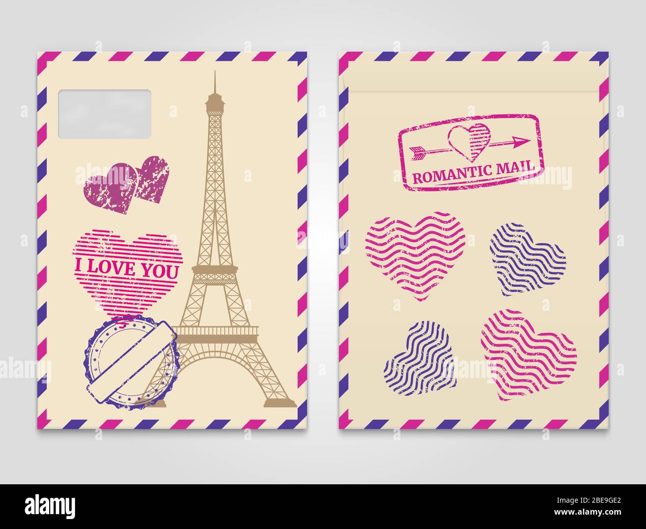 Romantische Briefumschläge mit Eiffelturm und Liebesmarken. Reise Postkarte romantische Briefumschlag. Vektorgrafik Stock Vektor