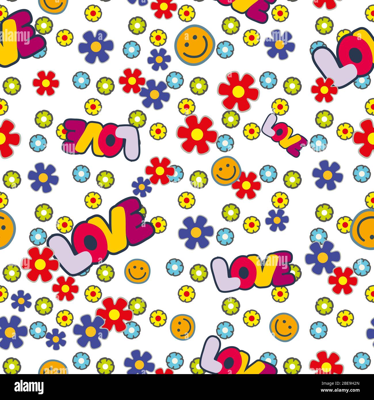 Niedliche Hippie nahtlose Muster-Design mit Blumen Lächeln und Liebe Buchstaben. Vektorgrafik Stock Vektor