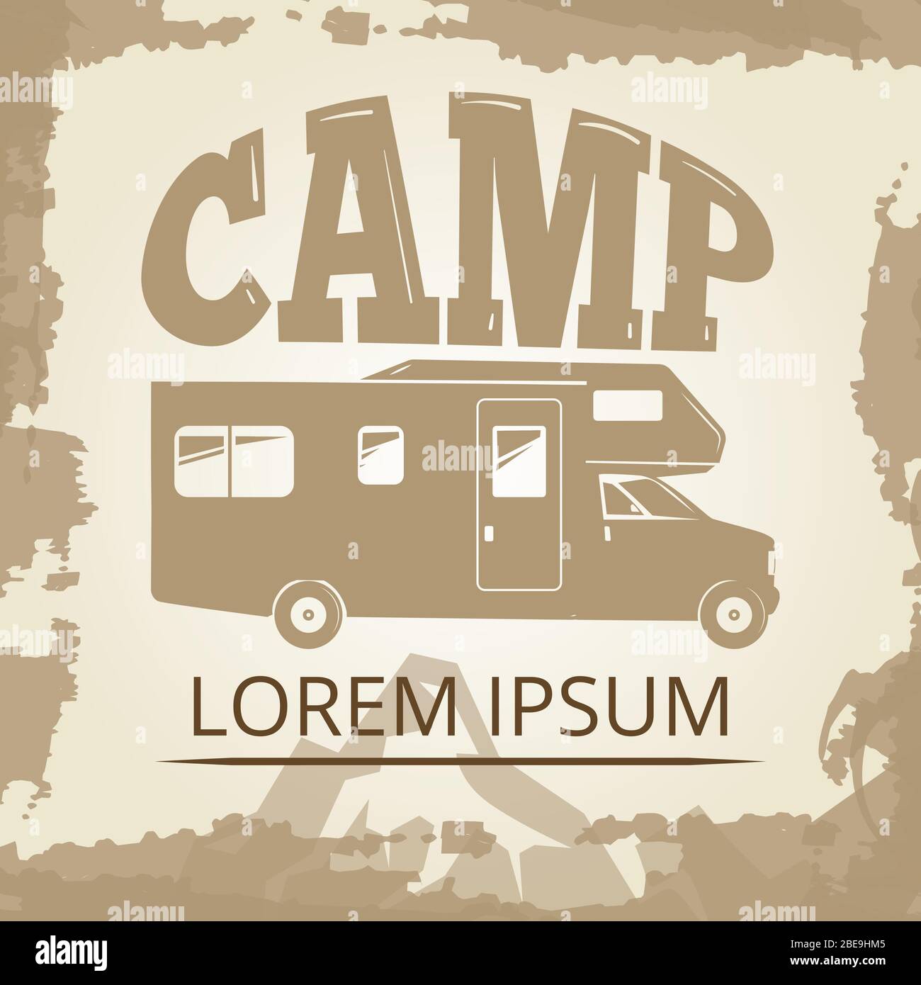 Vintage Poster oder Label mit Camping Bus. Banner mit Camp Bus. Vektorgrafik Stock Vektor