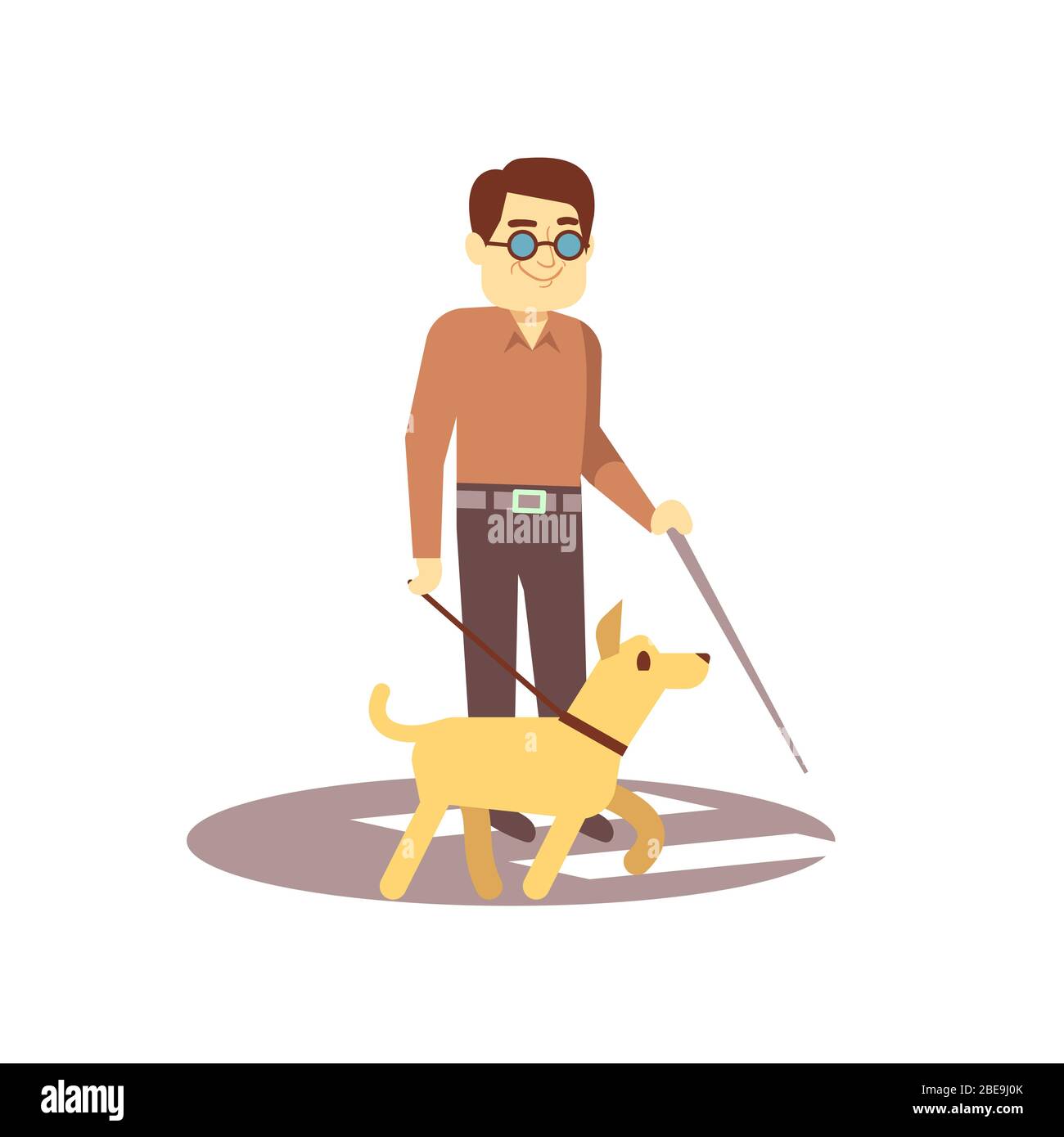 Hundebegleiter und Blinde auf dem Weg isoliert auf weißem Hintergrund - Blinde Person und Blindenhund. Vektor Haustier Begleiter und Blinden Person Illustration Stock Vektor
