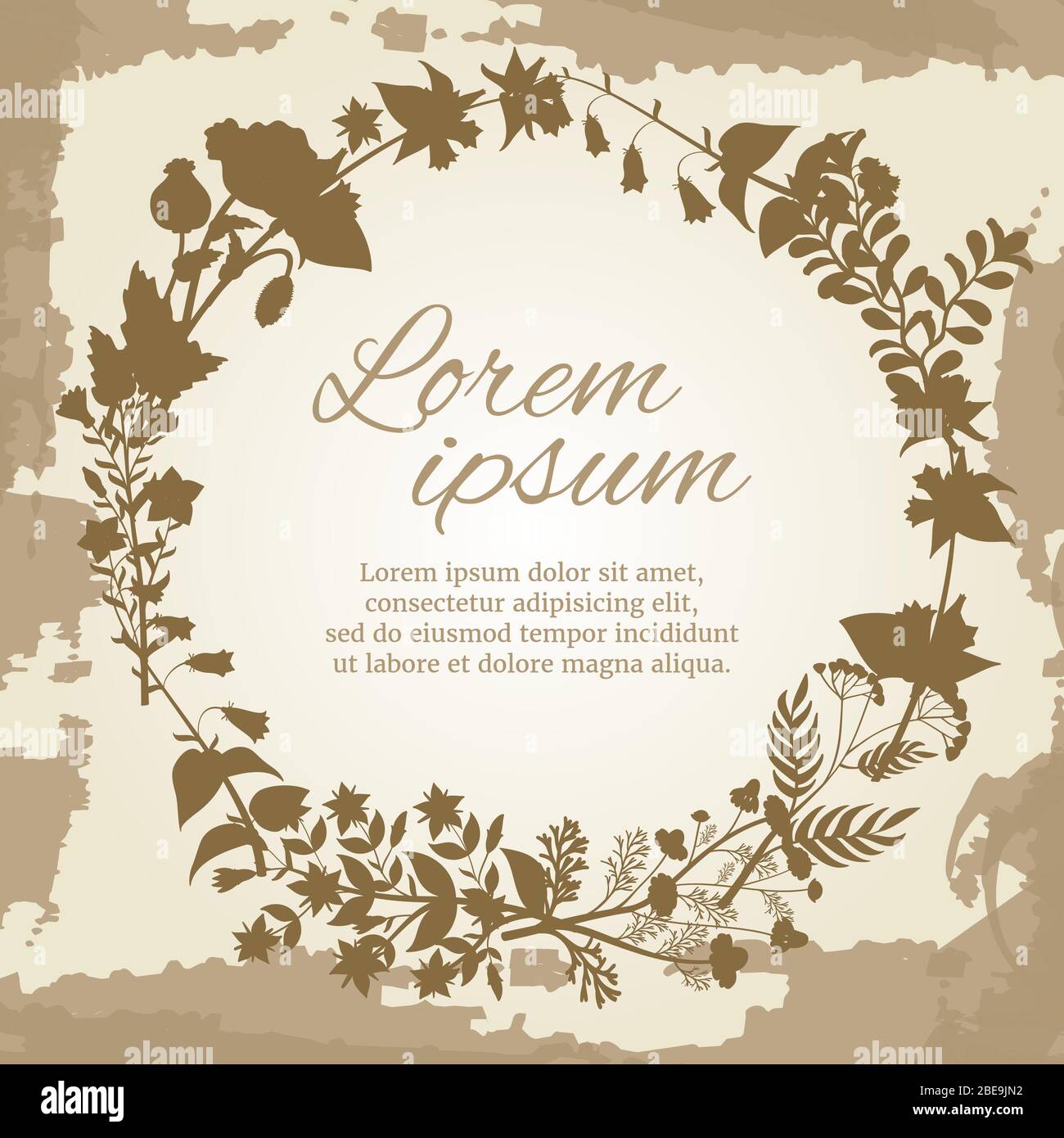 Florale und pflanzliche Kranz Silhouette auf Vintage Grunge Hintergrund. Vektorgrafik Stock Vektor