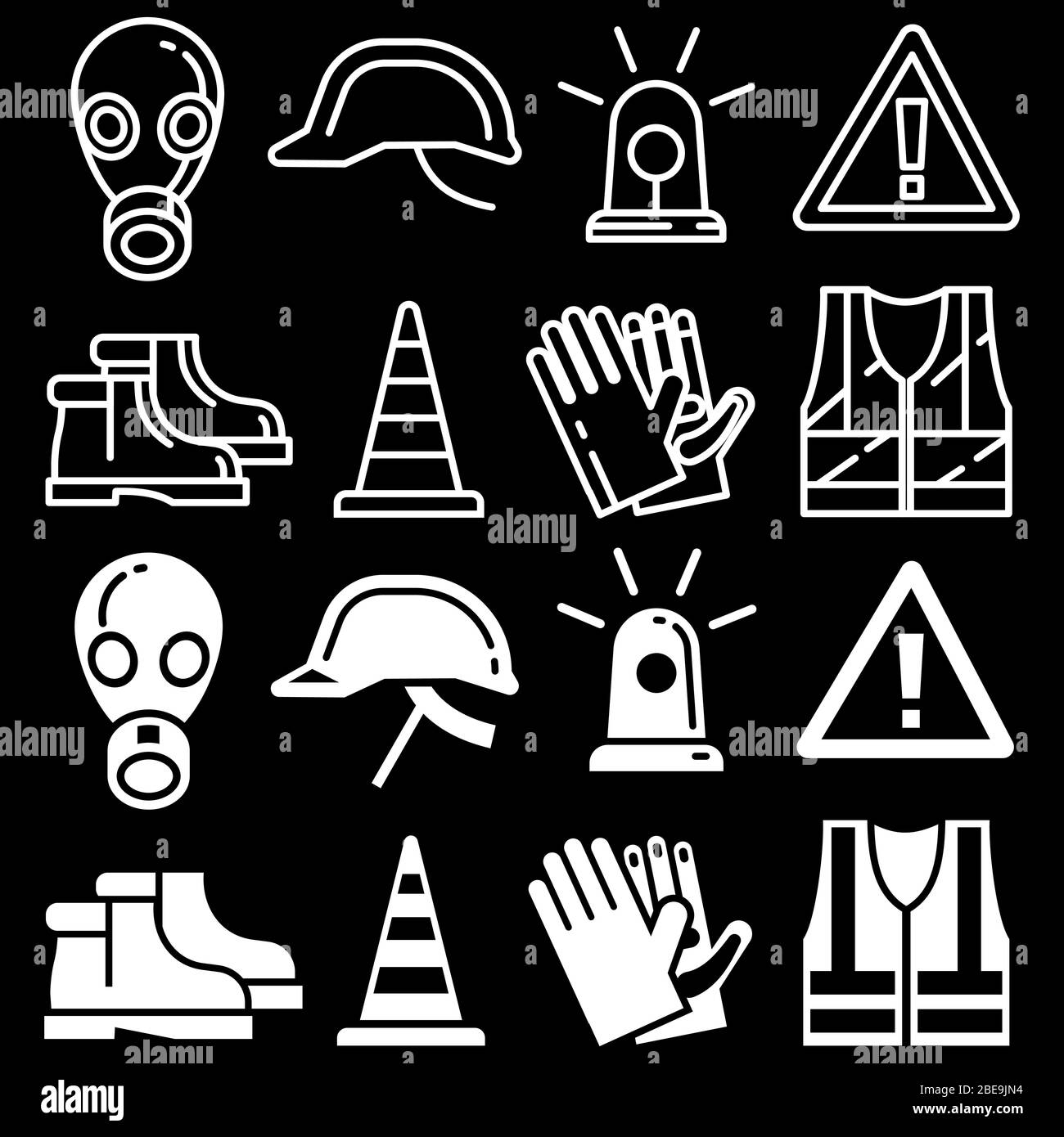 Linien und Silhouetten persönliche Schutzausrüstung Symbole auf schwarzem Hintergrund gesetzt. Vektorgrafik Stock Vektor
