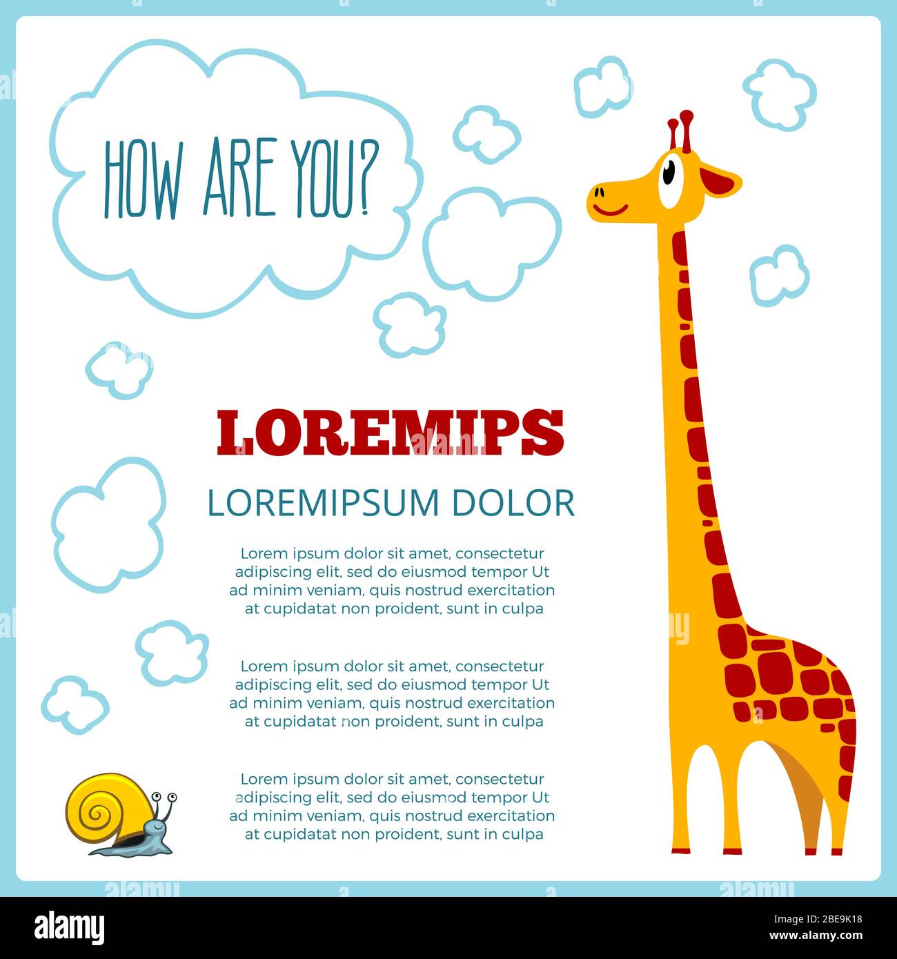 Kinder-Info-Poster mit Cartoon Giraffe Schnecke und wie sind Sie Schriftzug Schild. Vektorgrafik Stock Vektor