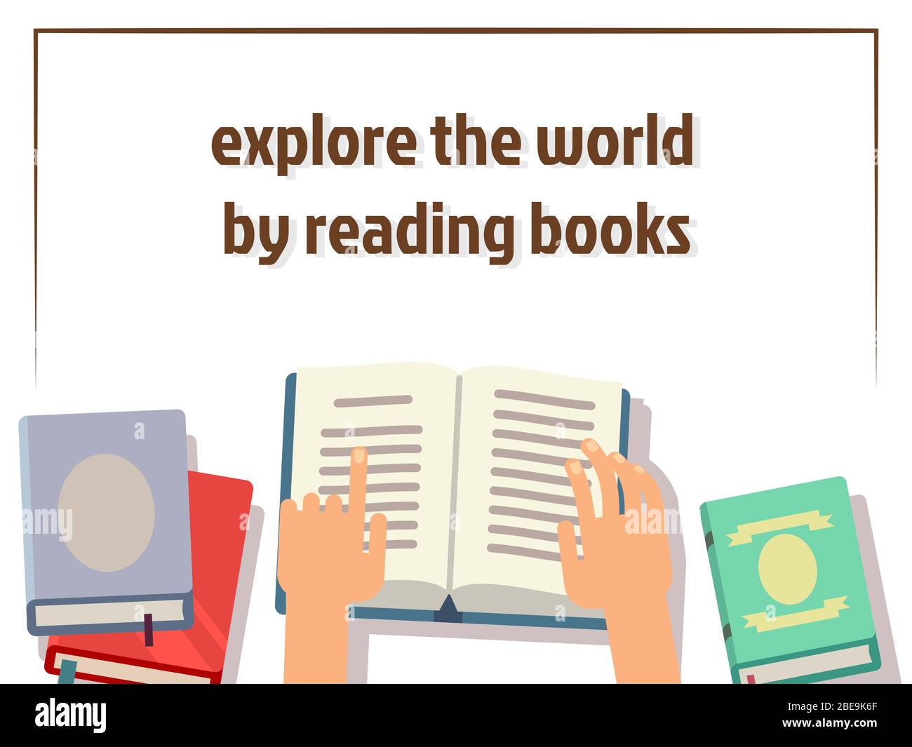 Bücher lesen Poster Design mit flachen Büchern und menschlichen Händen. Vektorgrafik Stock Vektor