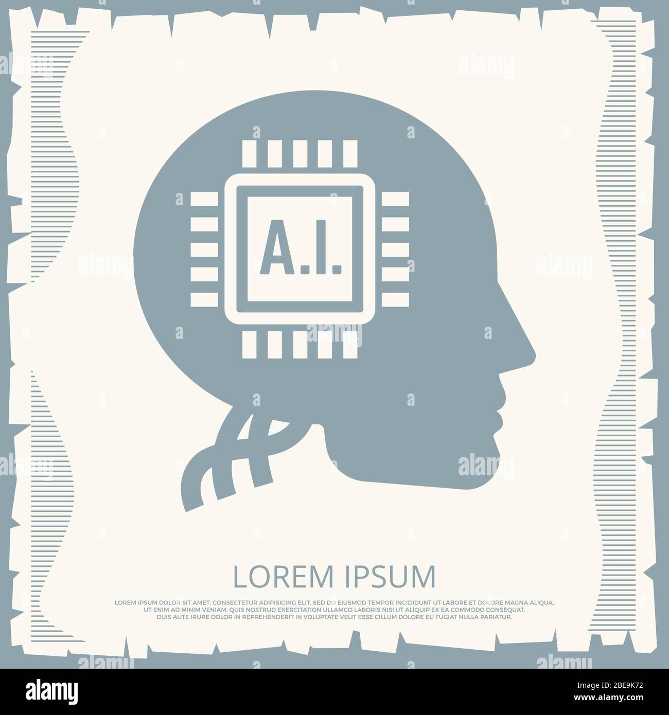 Cyborgs Retro Poster Design mit Mikrochip in menschlichen Kopf. Vektorgrafik Stock Vektor