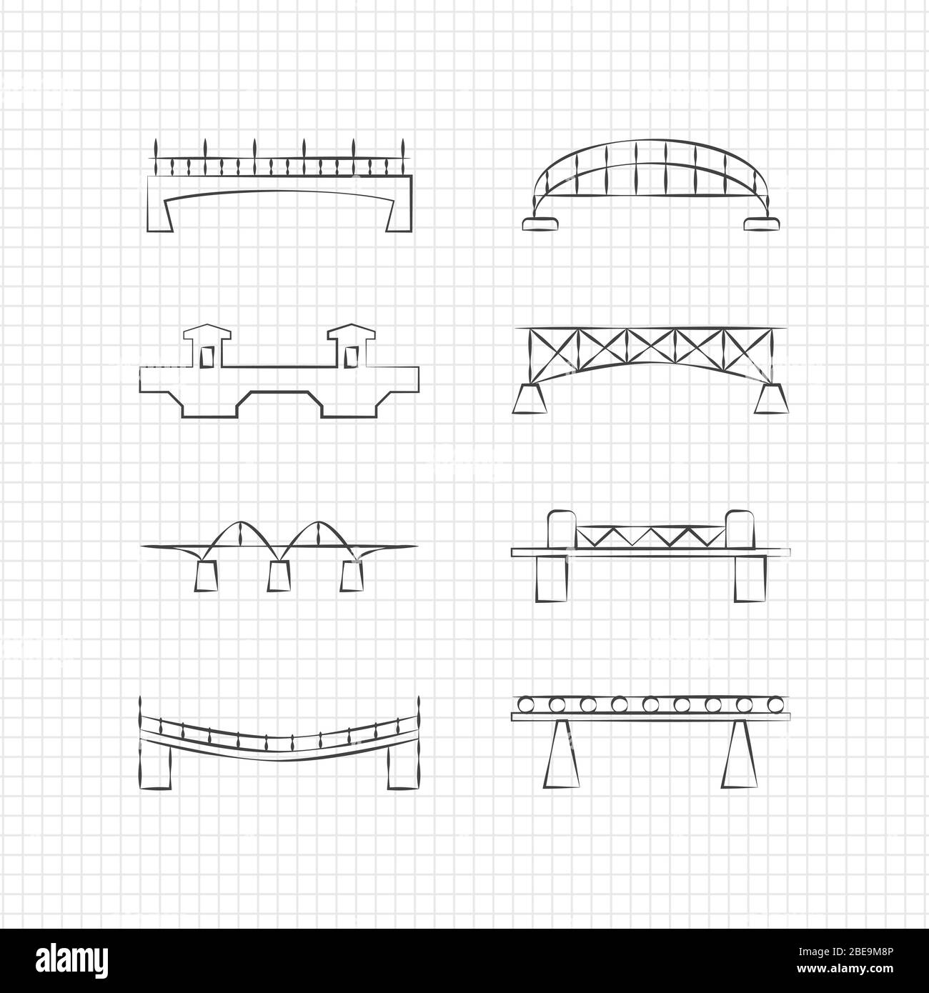 Überbrückt dünne Symbole auf der Notizbuchseite. Satz Brücke, Vektorgrafik Stock Vektor