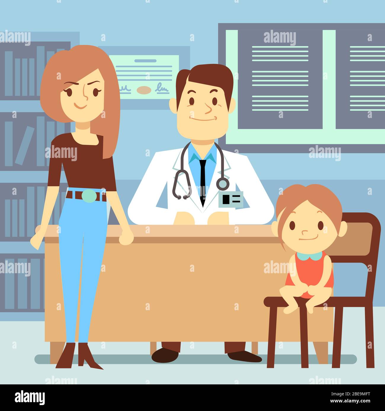Baby Mädchen und ihre Mutter Besuch Kinderarzt - Kinder Medizin Konzept. Arztbesuch, Medizin und Gesundheit, Vektordarstellung Stock Vektor