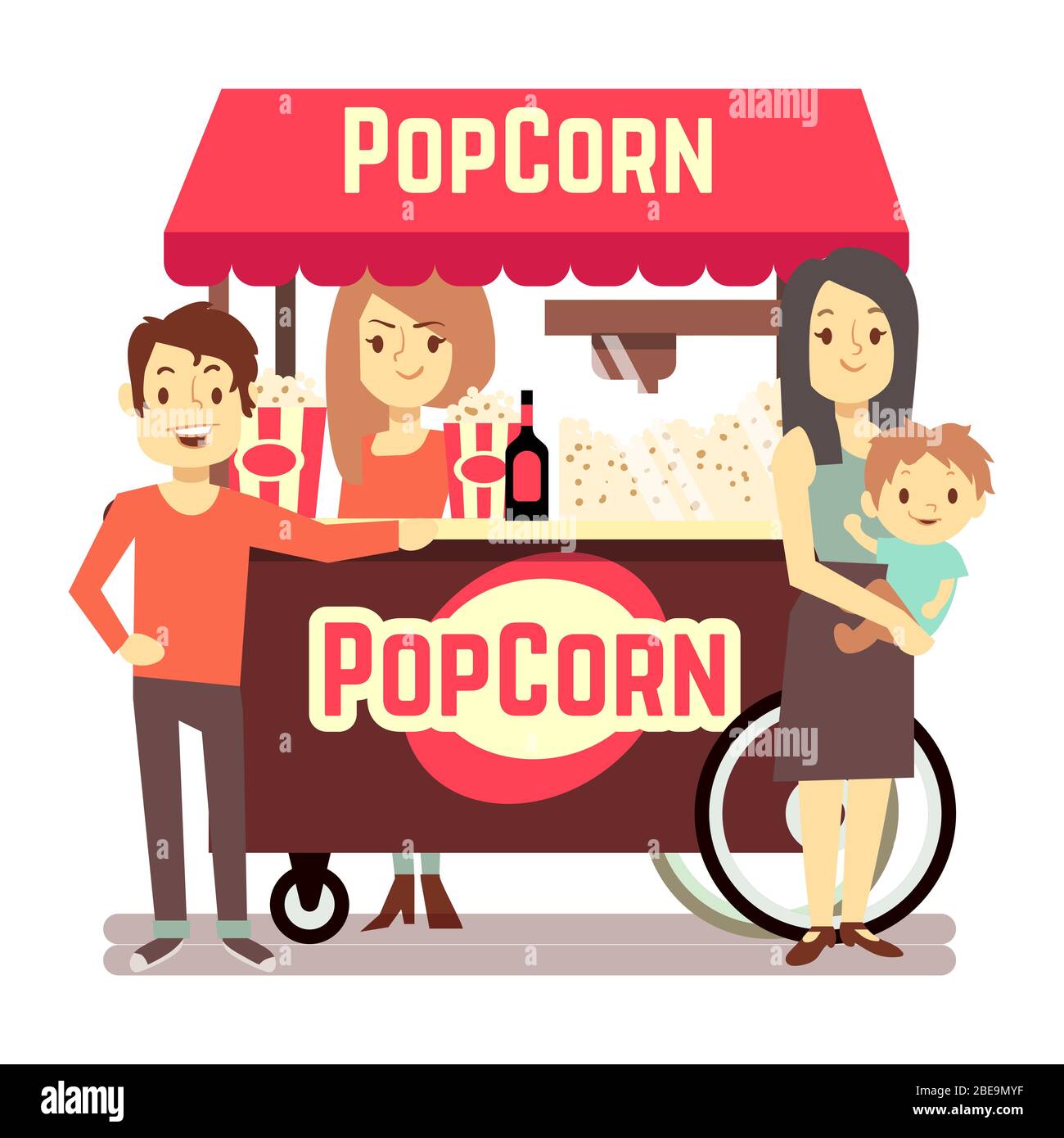 Familie kauft Popcorn von einem netten Mädchen Verkäufer. Popcorn Stand Vektor, Lebensmittel Snack Markt Illustration Stock Vektor