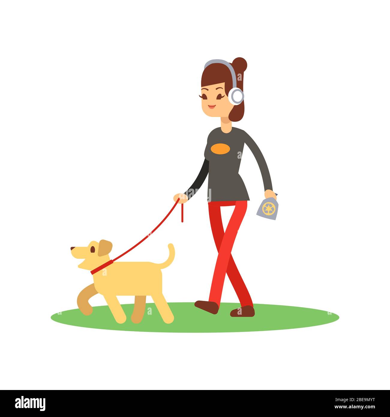 Hunde sauber Walking Konzept - Mädchen Spaziergänge Hund isoliert auf weiß. Vektorwandern mit Hundebilder Stock Vektor