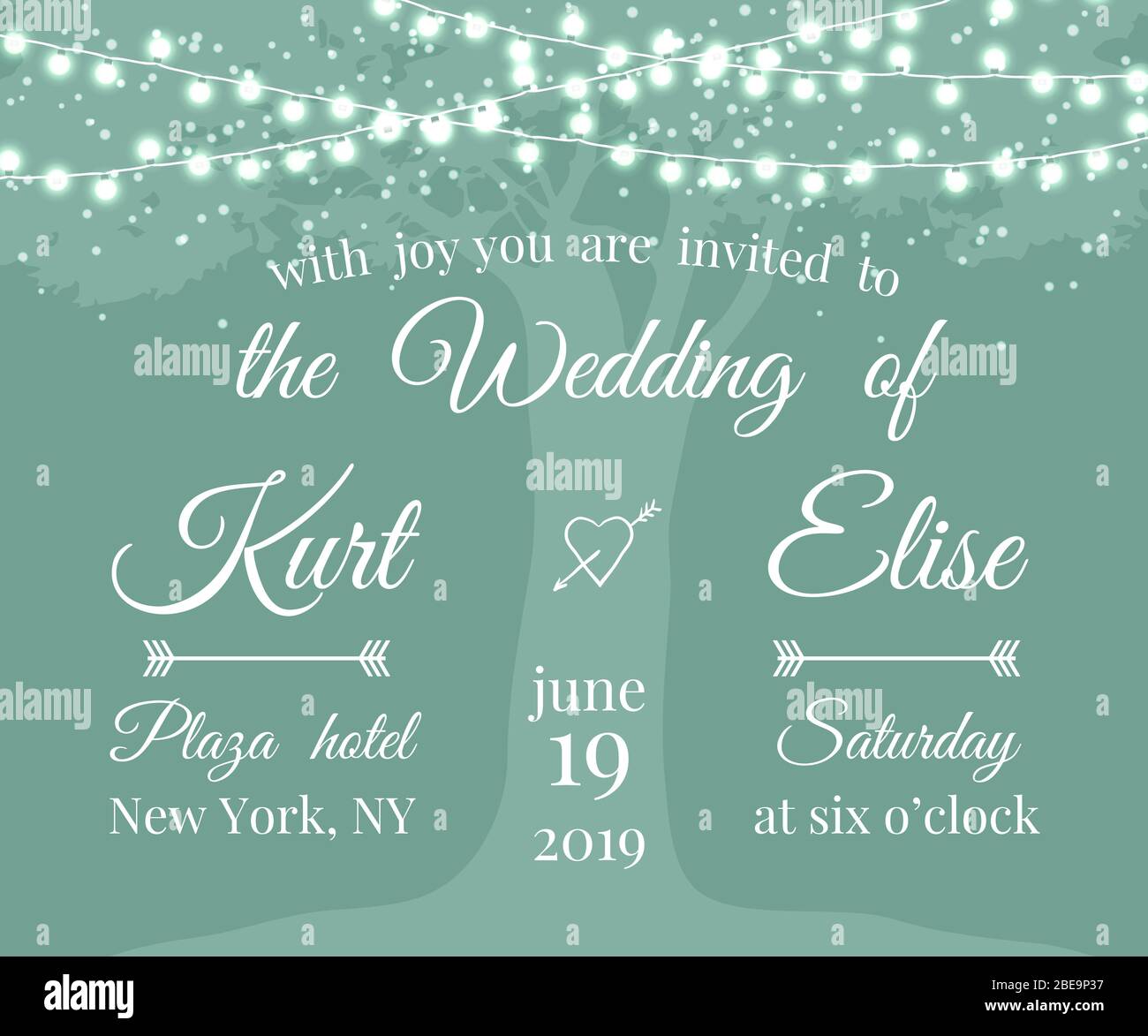 Hochzeitseinladung mit Baum und leichten Girlanden. Banner Hochzeit Einladung. Vektorgrafik Stock Vektor