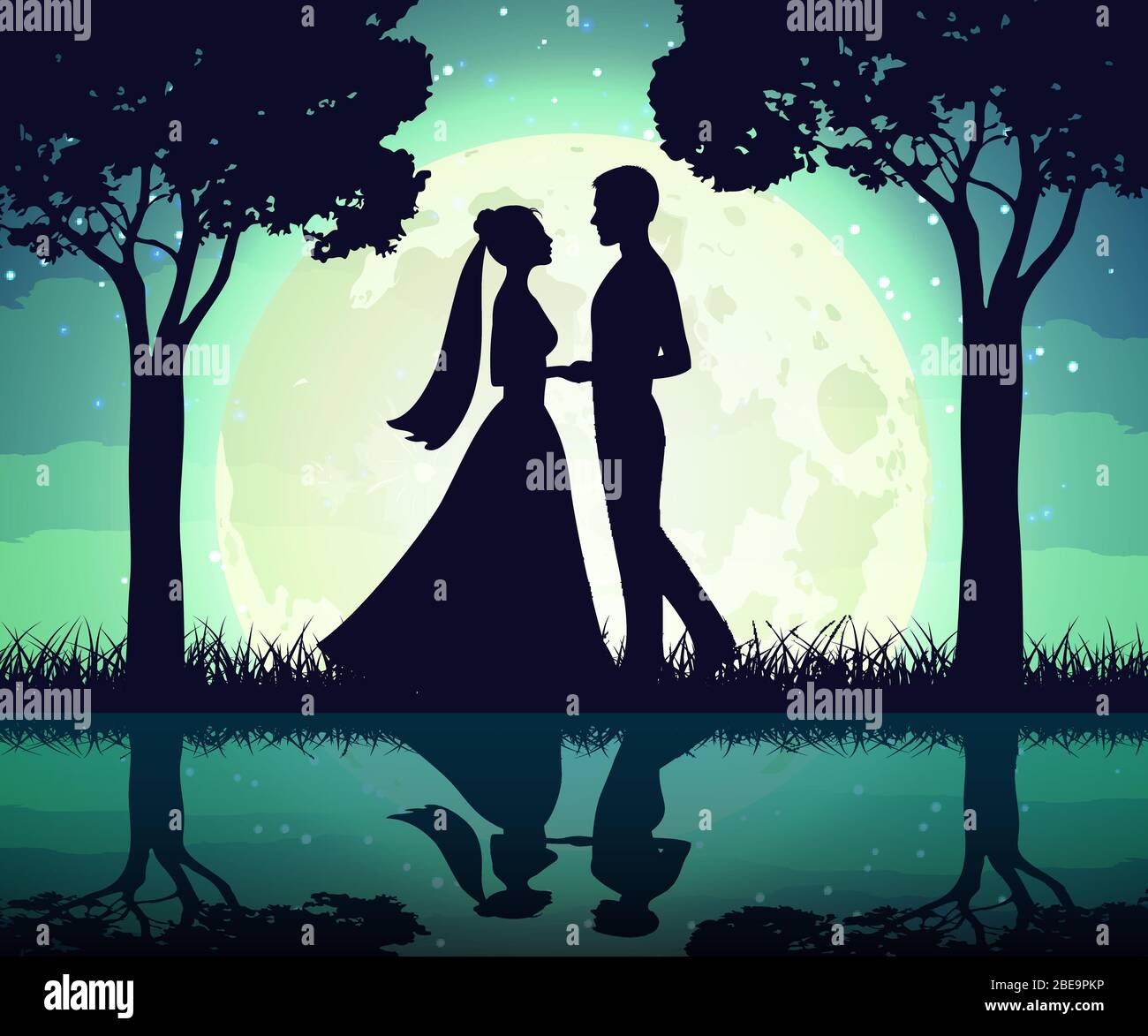 Silhouetten der Braut und Bräutigam auf dem Mondhintergrund. Romantik Nacht Mann und Frau im Mondlicht, Vektor-Illustration Stock Vektor