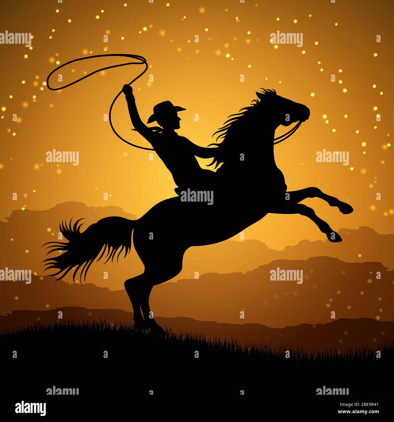 Silhouette eines Cowboys mit Lasso auf aufzucht Pferd. Cowboy Mann mit Pferd Sonnenaufgang. Vektorgrafik Stock Vektor
