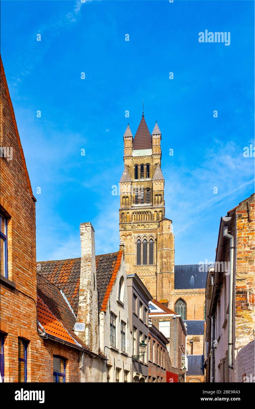 Glockenturm der Kathedrale von Saint Salvator, Brügge, Flandern, Belgien Stockfoto