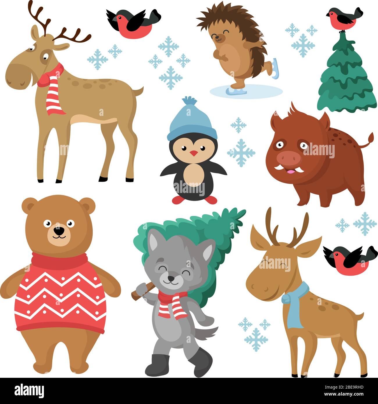 Glückliche Waldtiere im Winter und weihnachtsbäume isoliert auf weißem Hintergrund Vektor-Set. Wald Tier Vogel und Wolf, Wildschwein und Elch, Charakter weihnachten Cartoon Illustration Stock Vektor