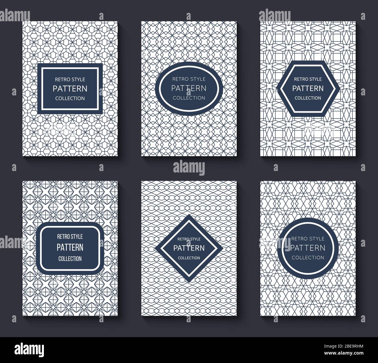 Broschüre Vektor Design Vorlagen mit minimalistischen klassischen Vintage Streifen Muster und Etiketten. Prospektkarte mit Abbildung des Linienmusters Stock Vektor