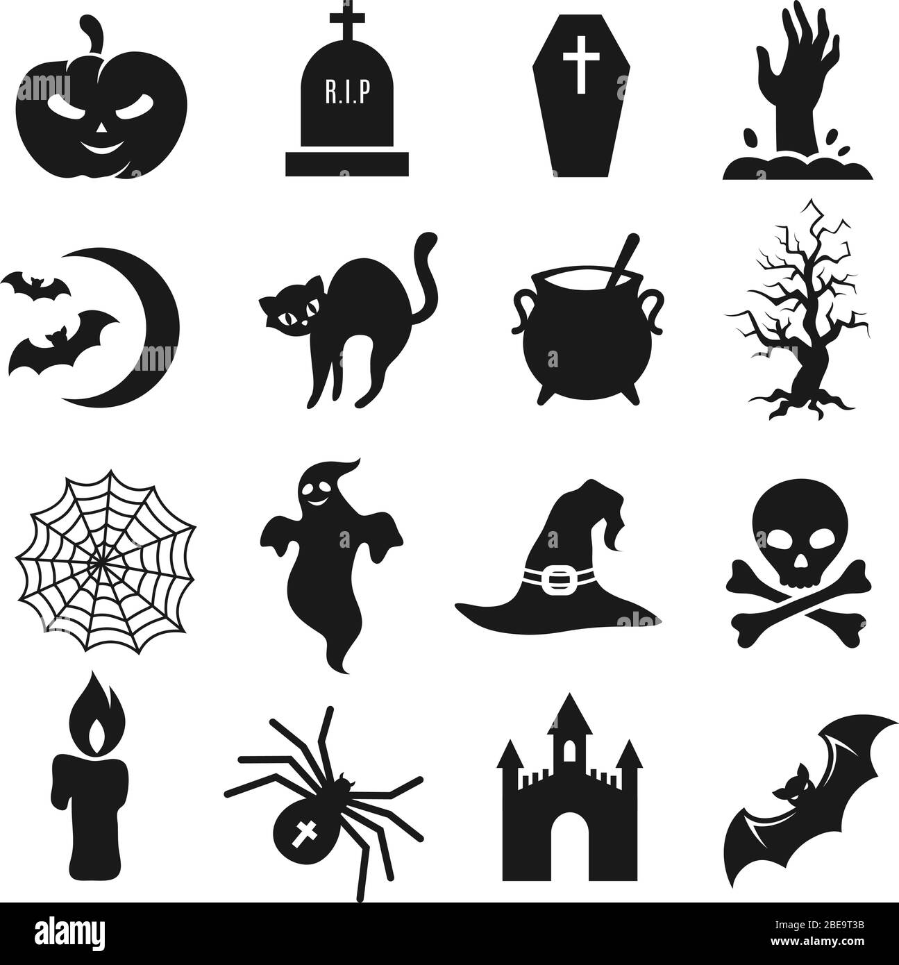 Halloween schwarze Silhouette Symbole. Kürbis und Spinne, Fledermaus und Grabstein Vektor Silhouetten Stock Vektor